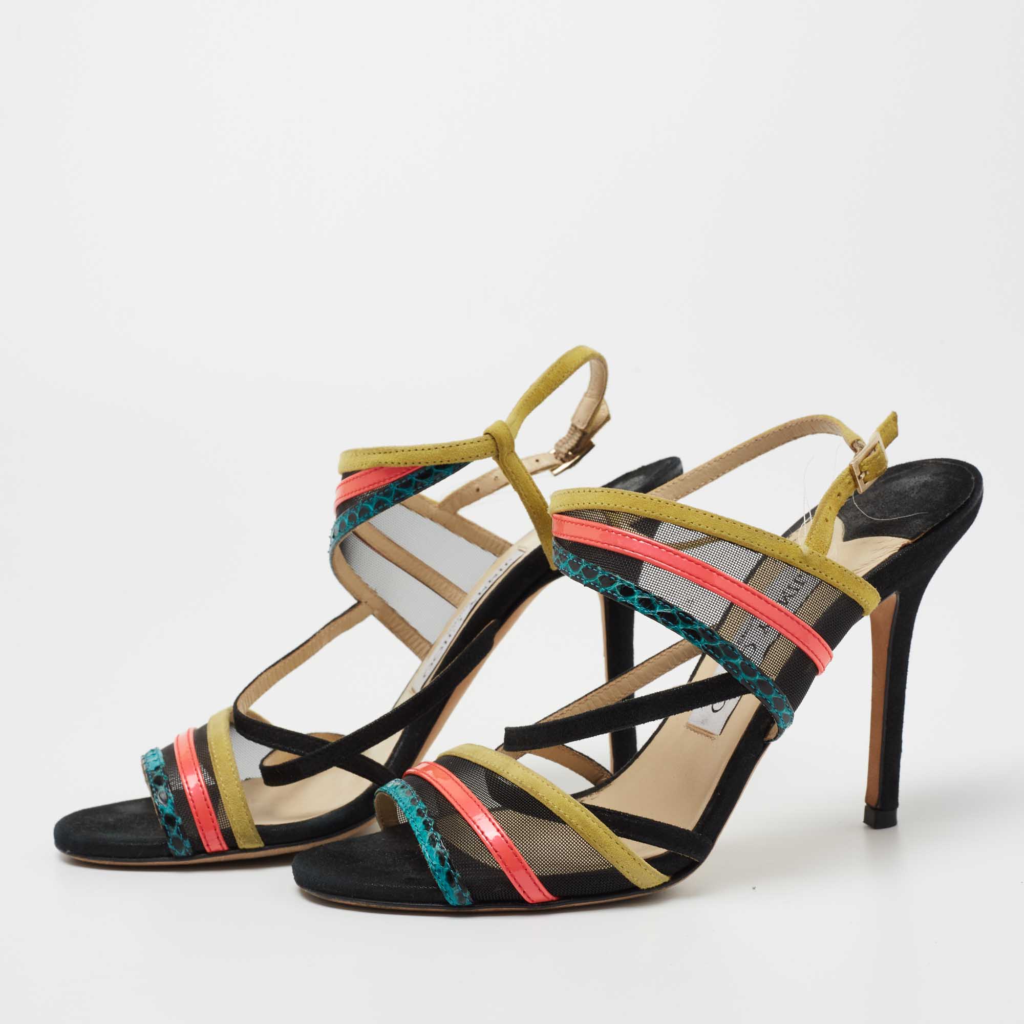 

Jimmy Choo Multicolor Leather and Mesh Visby Strappy Sandals Size