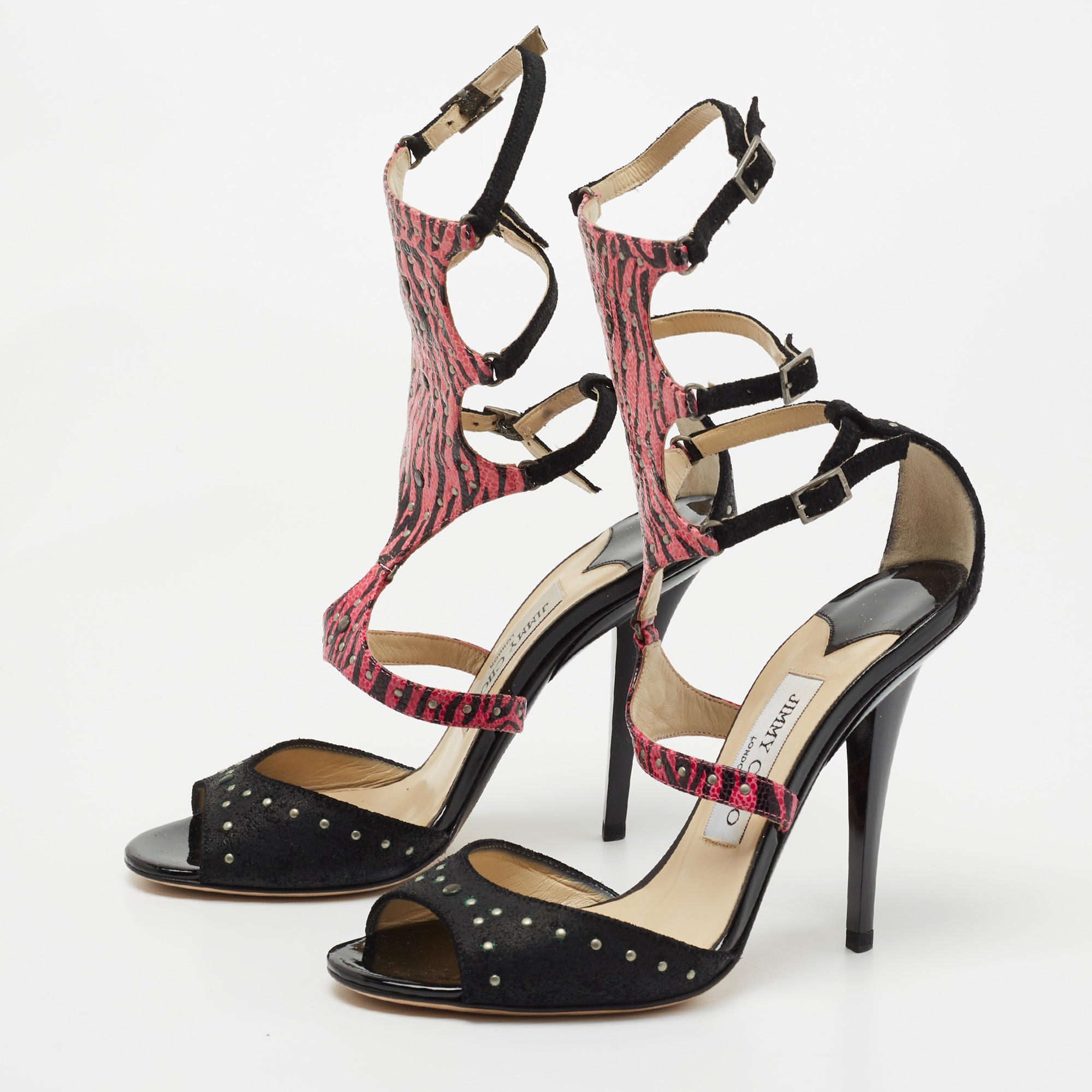 

Jimmy Choo Black/Pink Studded Suede and Printed Leather Strappy Sandals Size