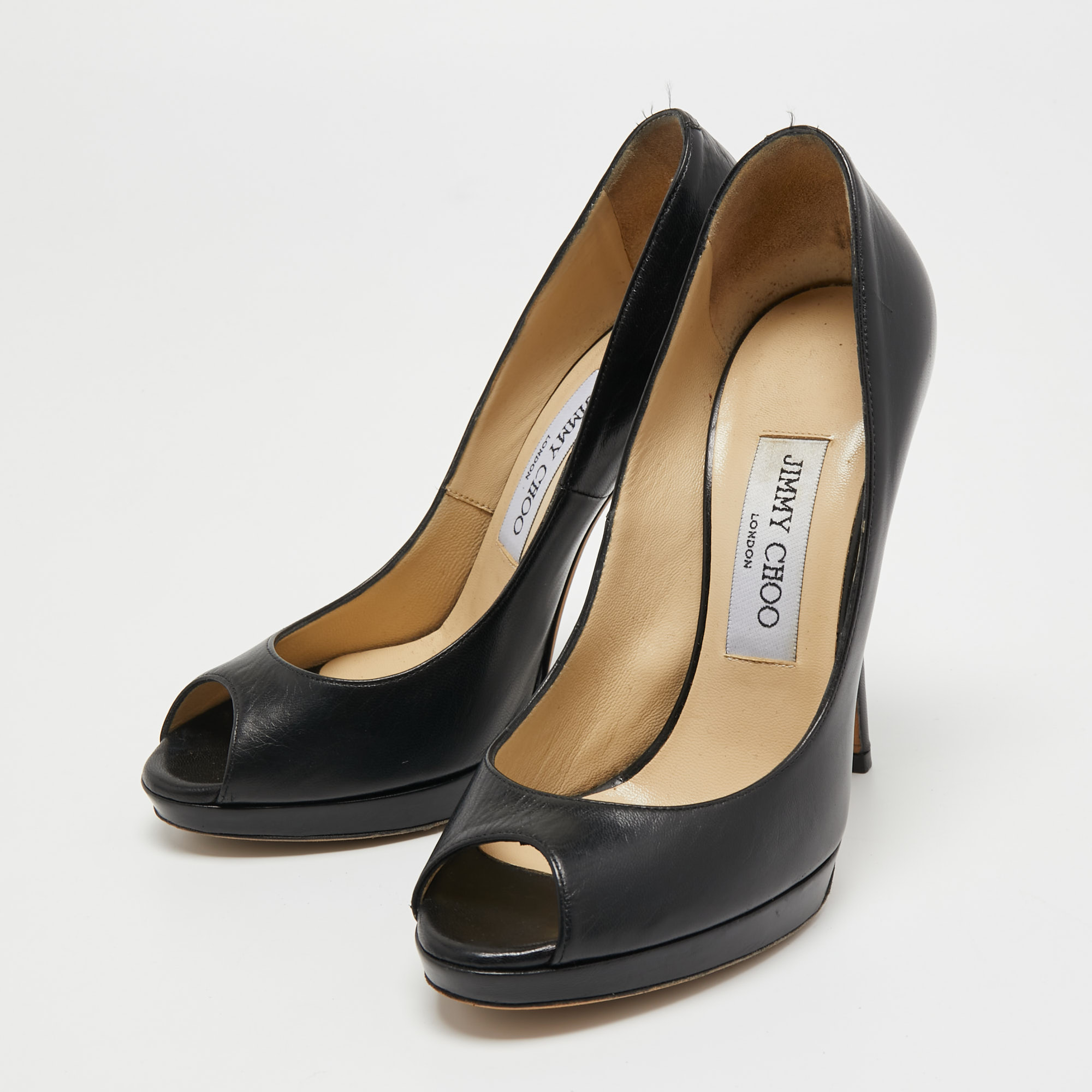 

Jimmy Choo Black Leather Crown Peep Toe Platform Pumps Size