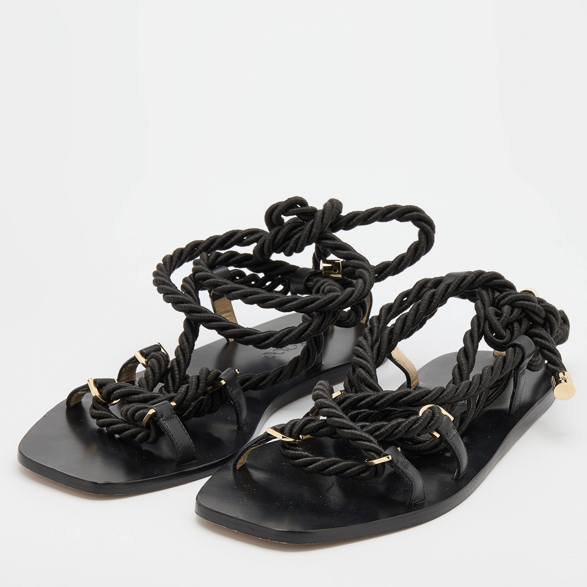 

Jimmy Choo Black Rope and Leather Aziza Flat Ankle Wrap Sandals Size