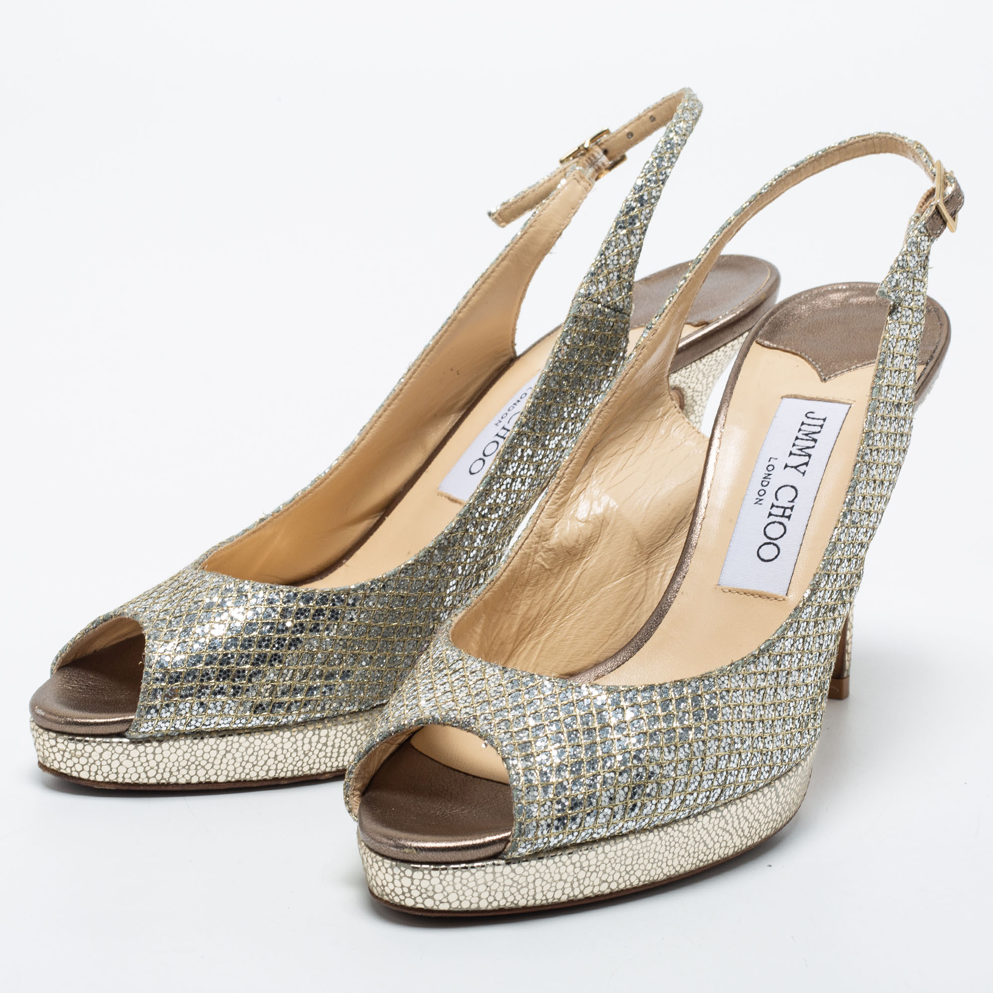 

Jimmy Choo Silver/Gold Glitter Verity Peep Toe Platform Slingback Pumps Size