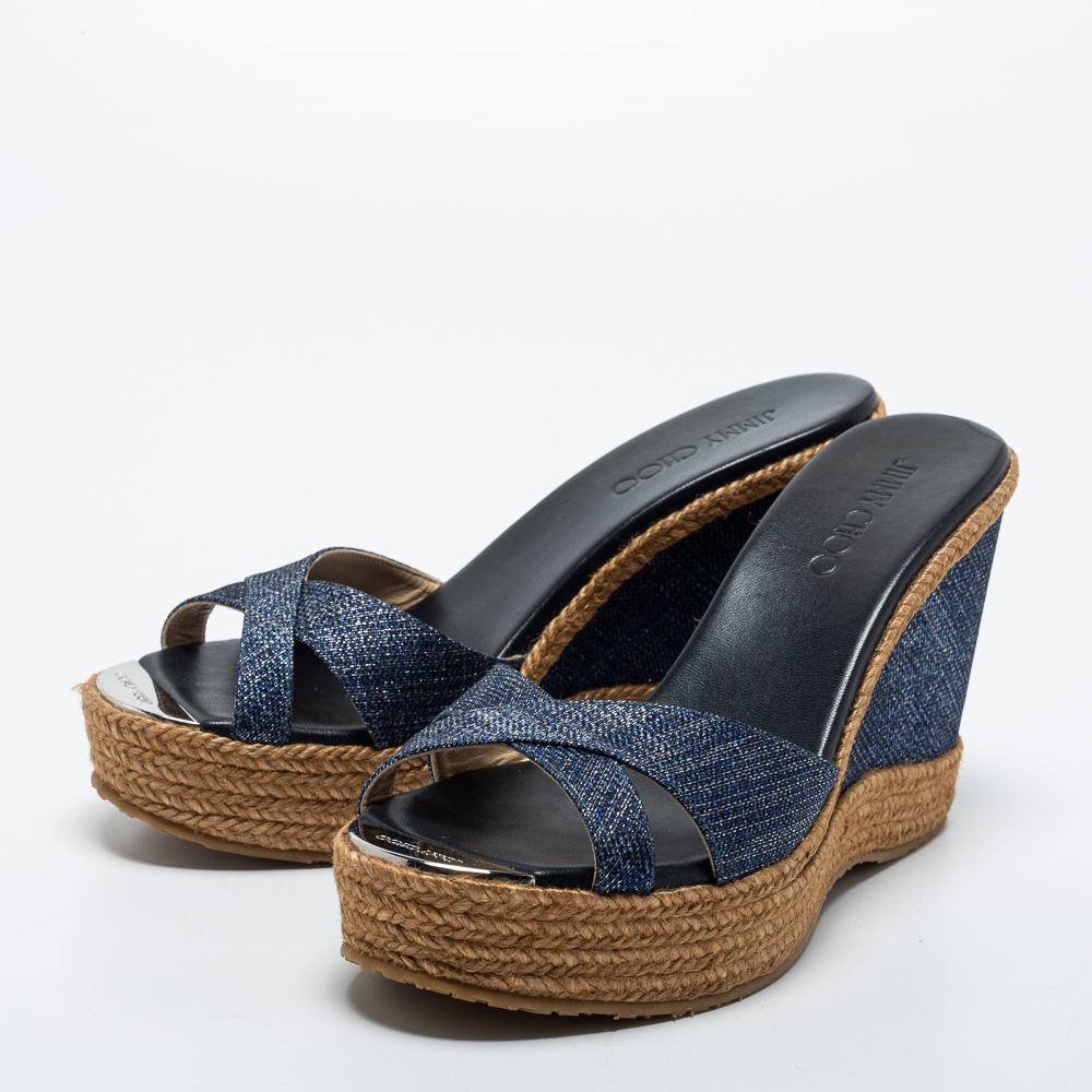 

Jimmy Choo Navy Blue Denim Prima Wedge Slides Size