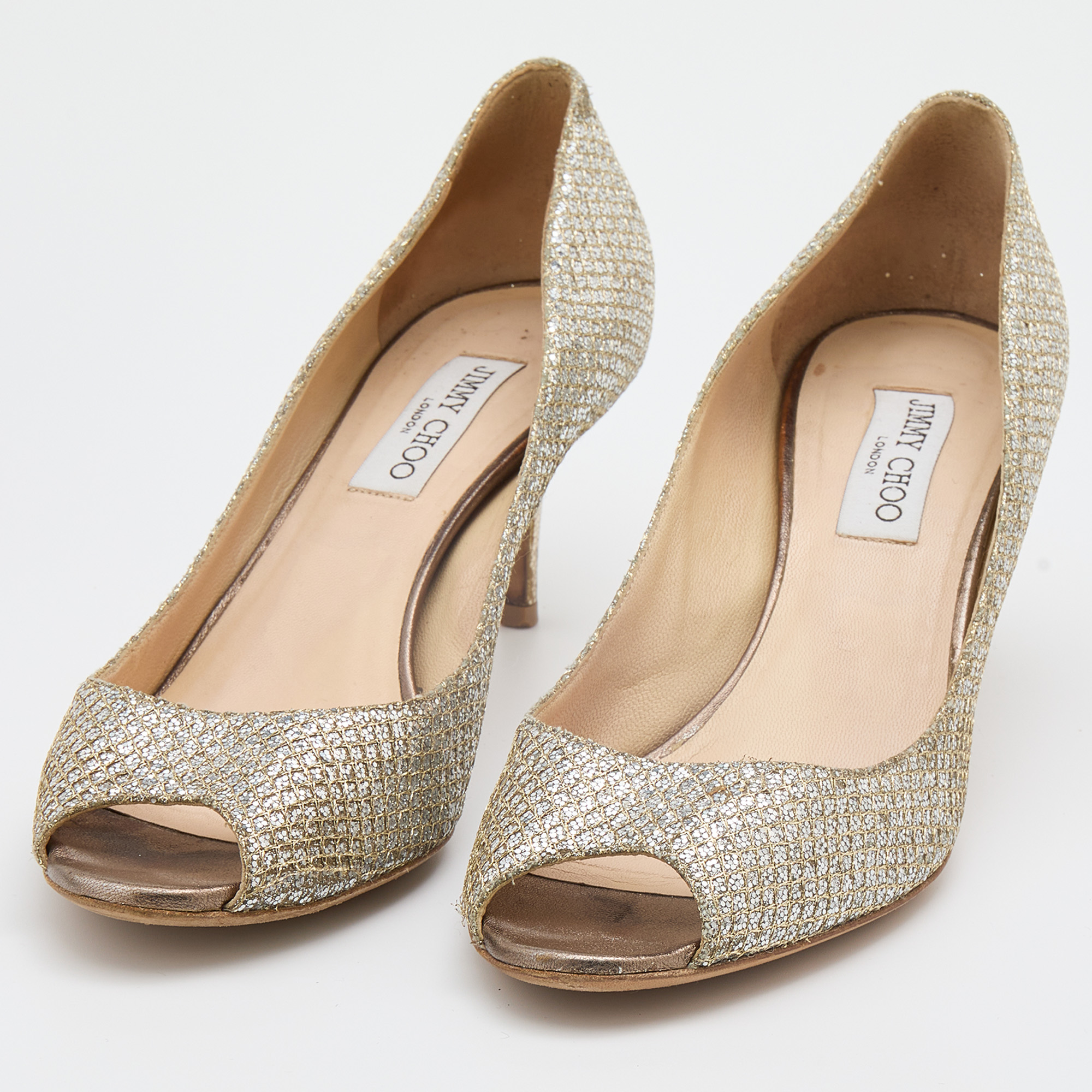 

Jimmy Choo Metallic Gold Glitter Peep Toe Pumps Size