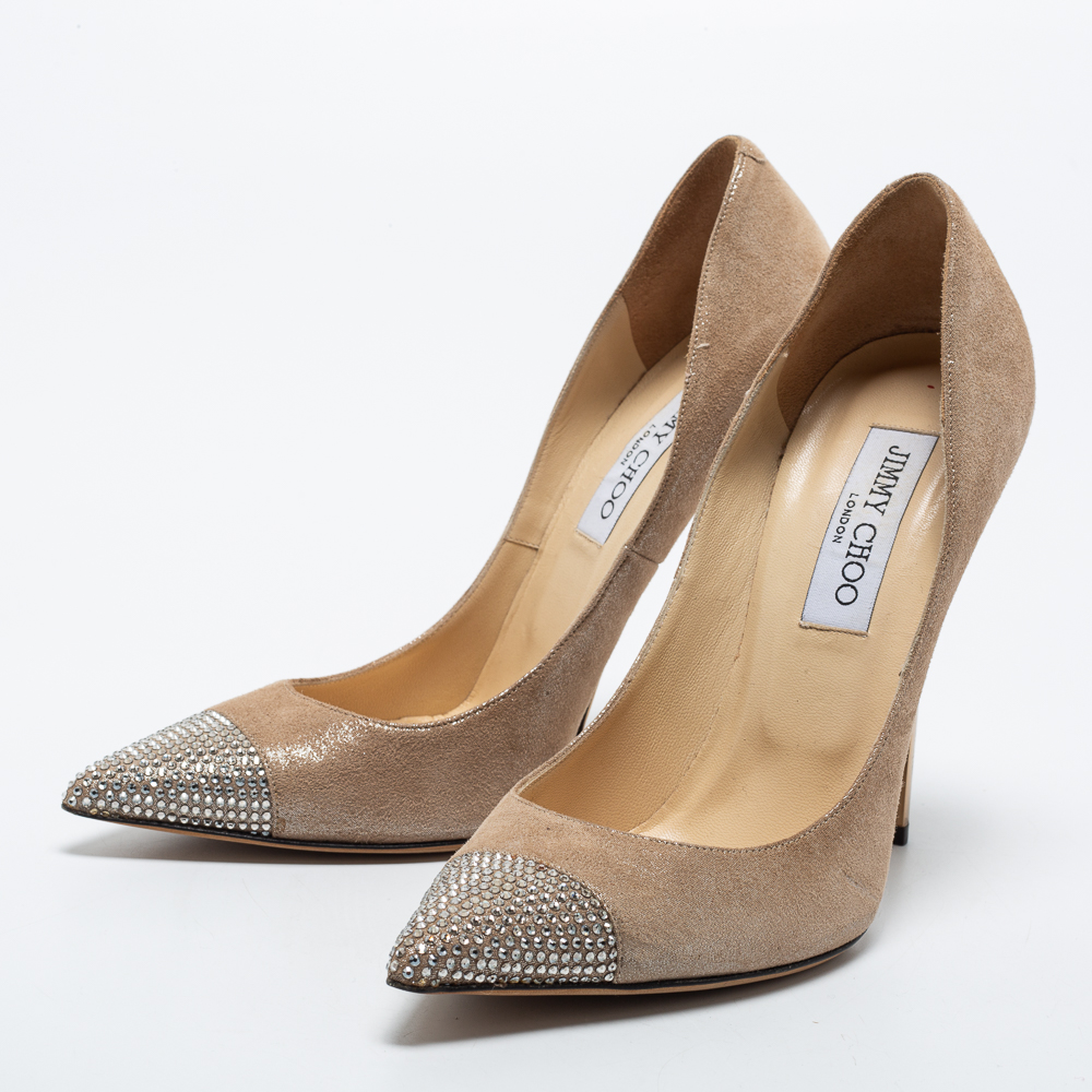 

Jimmy Choo Beige Laminated Suede and Bahama Crystal Cap Toe Pumps Size