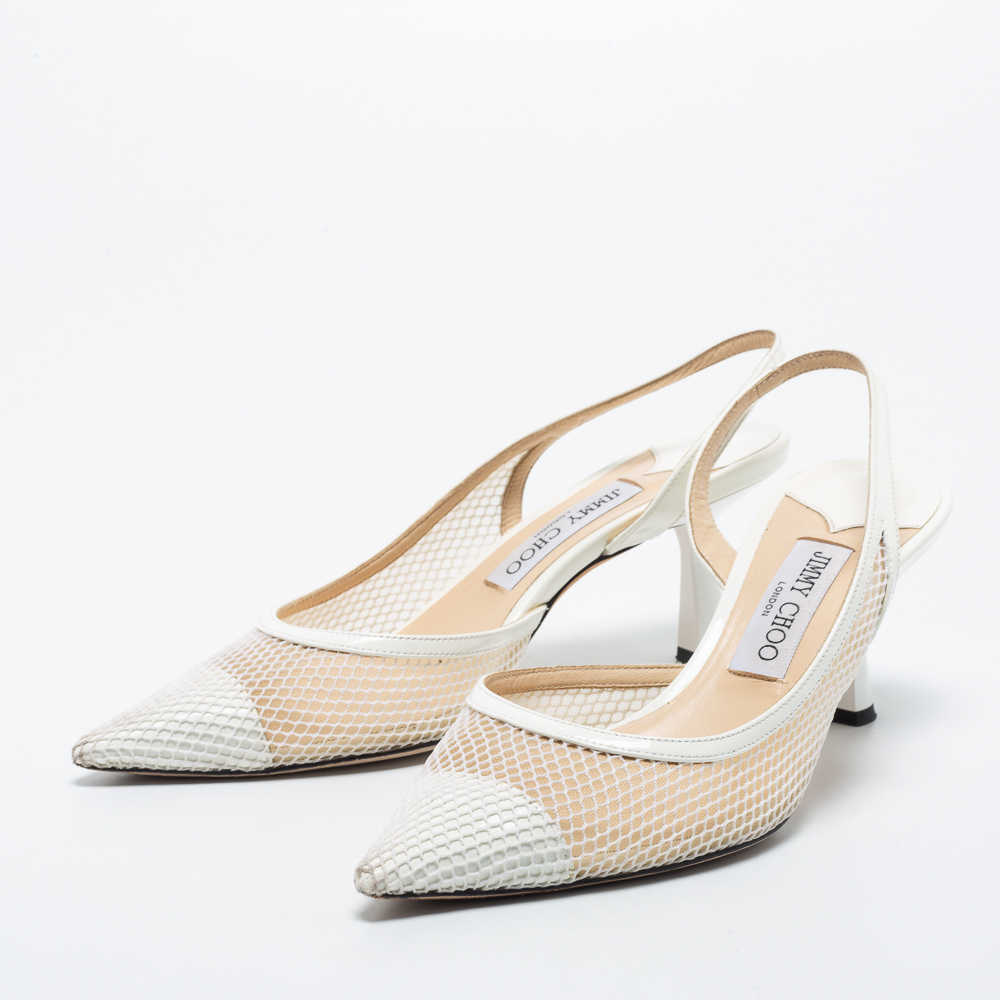 Jimmy Choo White Mesh and Patent Leather Fetto Slingback Pumps Size