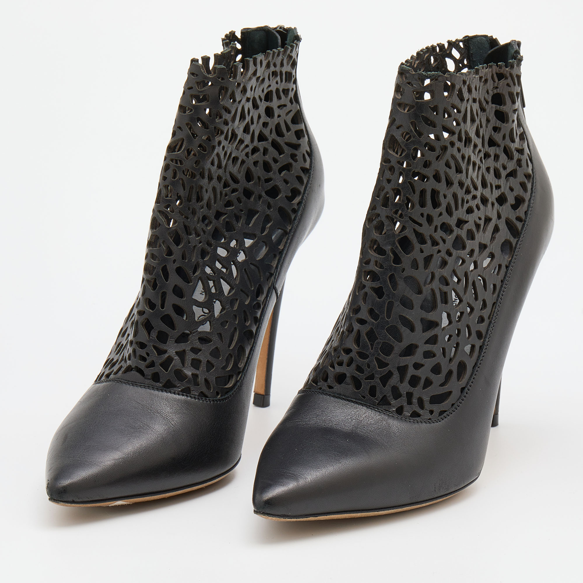 

Jimmy Choo Black Leather Laser Cut Ankle Length Boots Size