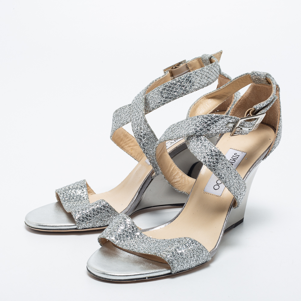 

Jimmy Choo Silver Glitter Crisscross Wedge Sandals Size