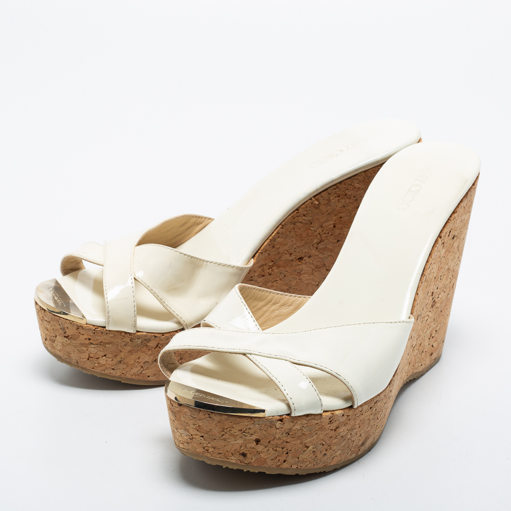 

Jimmy Choo Off White Patent Leather Criss Cross Prima Cork Wedge Sandals Size, Cream