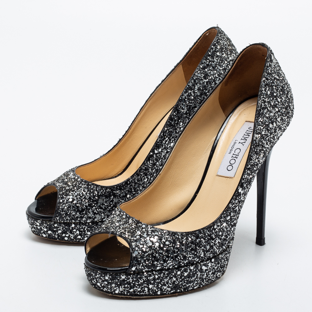 

Jimmy Choo Black/Silver Coarse Glitter Crown Pumps Size