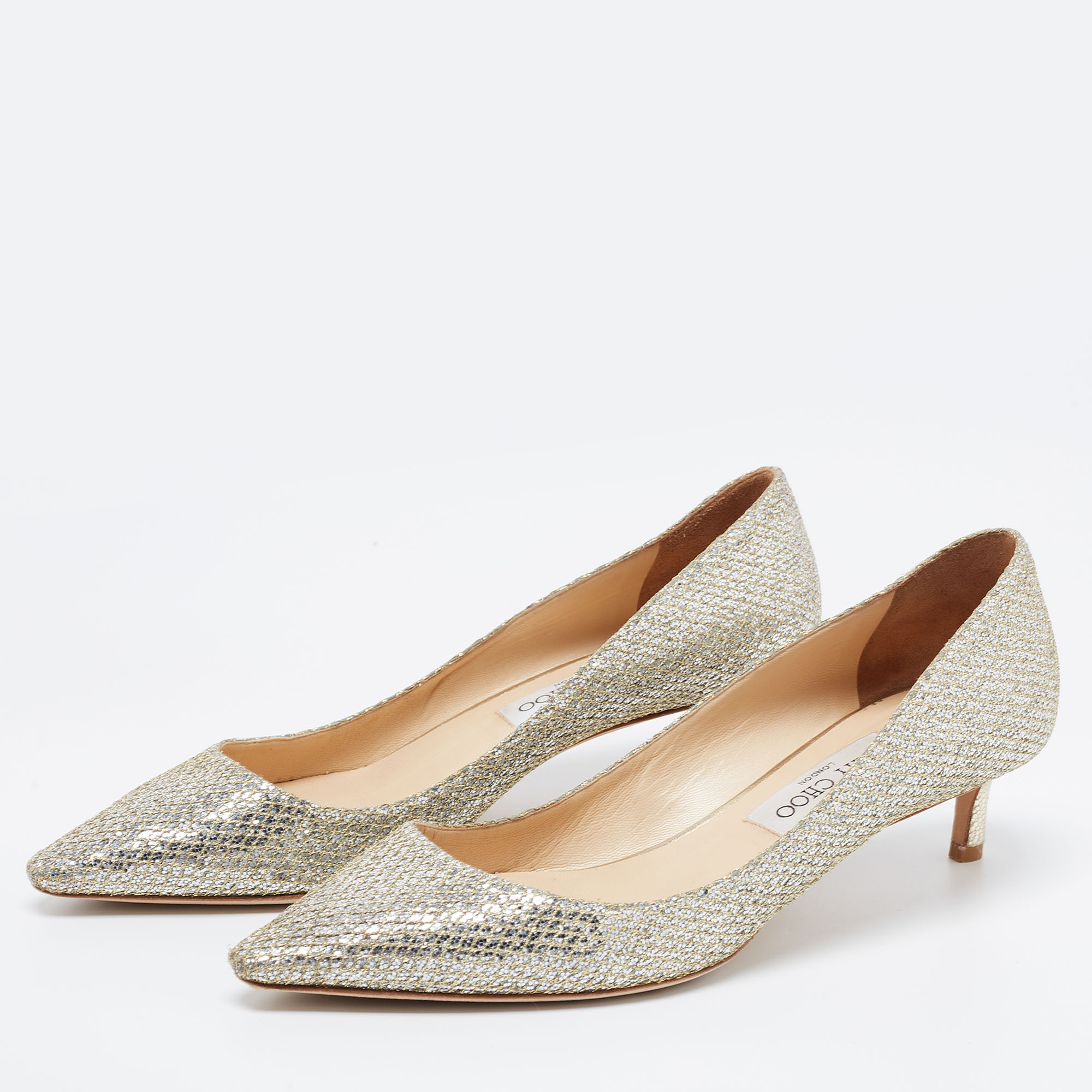 

Jimmy Choo Gold Glitter Romy Pumps Size