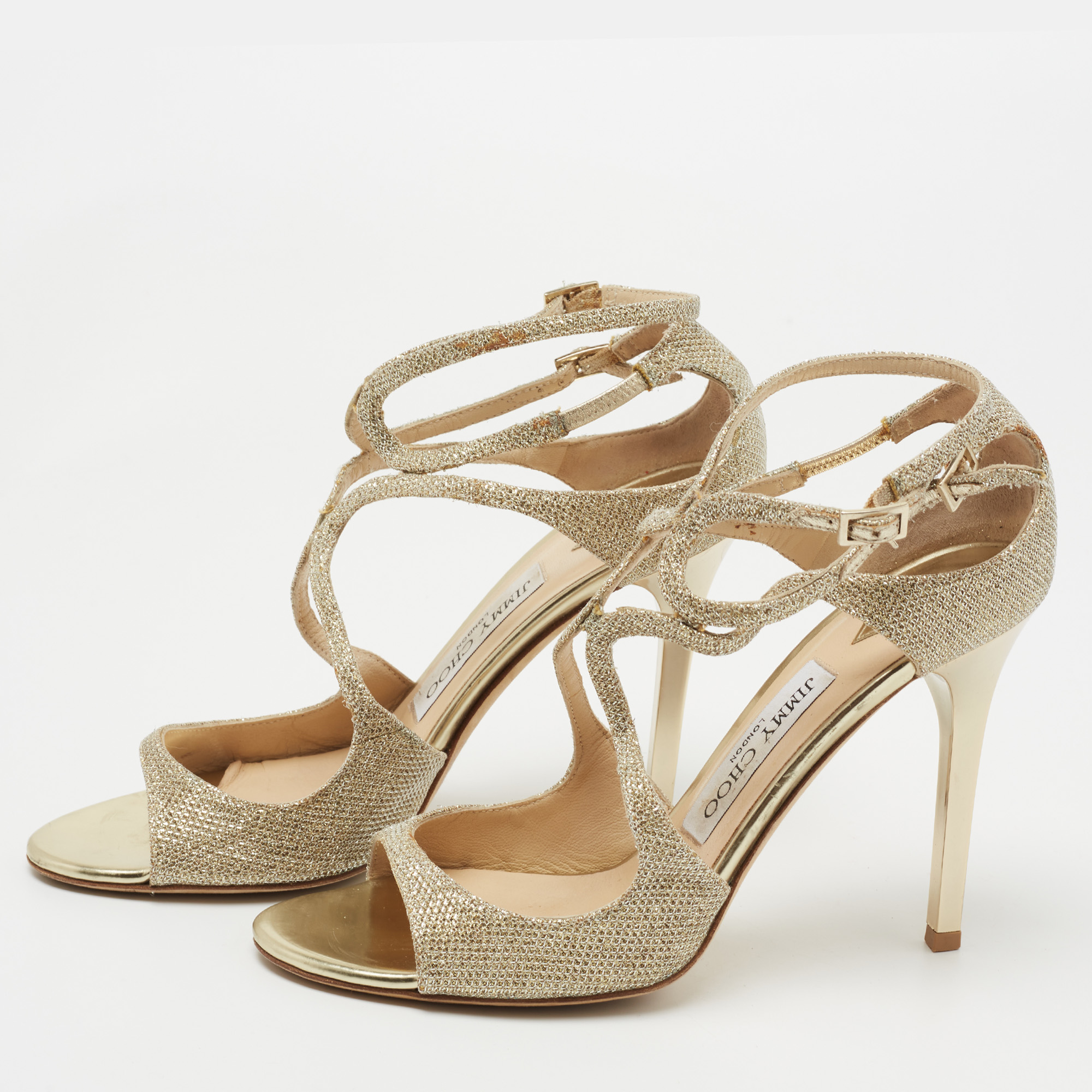 

Jimmy Choo Gold Glitter and Leather Ankle Strap Sandals Size