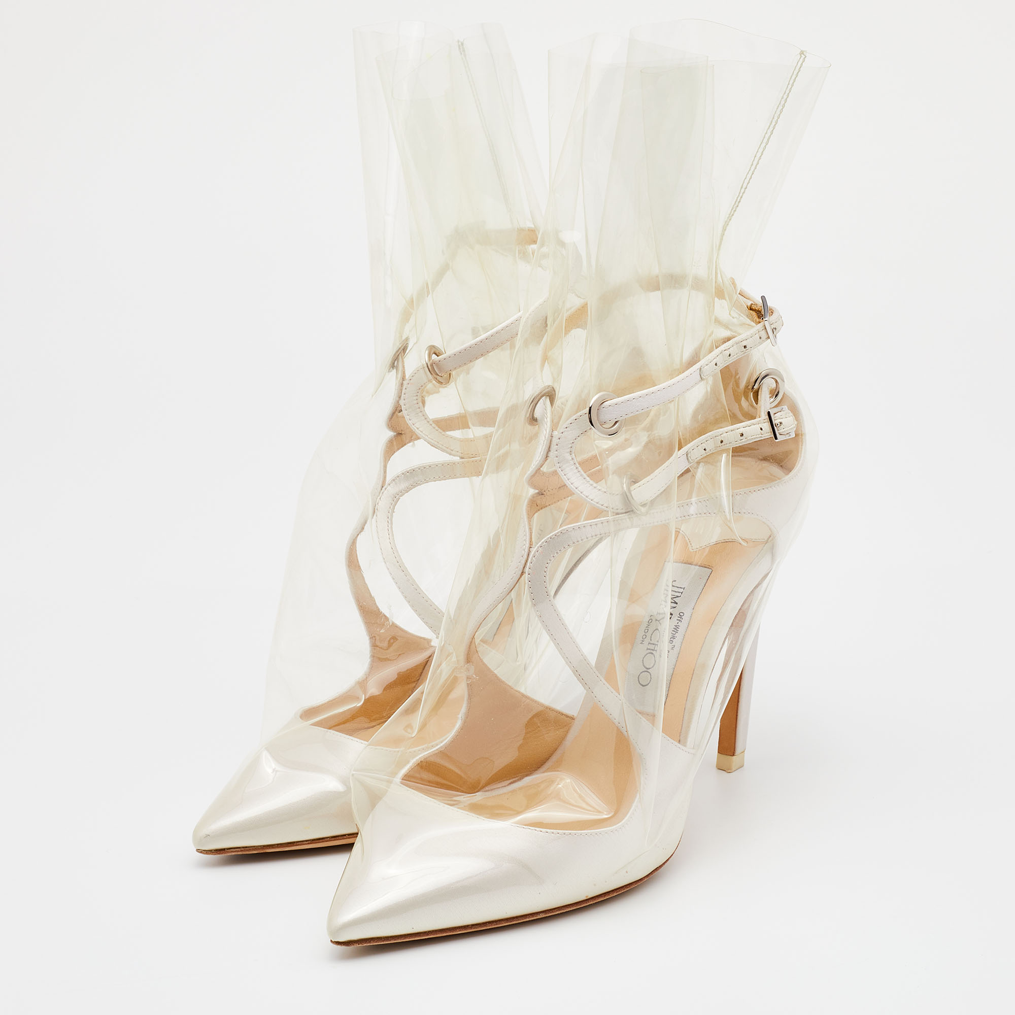 

Jimmy Choo White Satin and TPU Claire Pumps Size