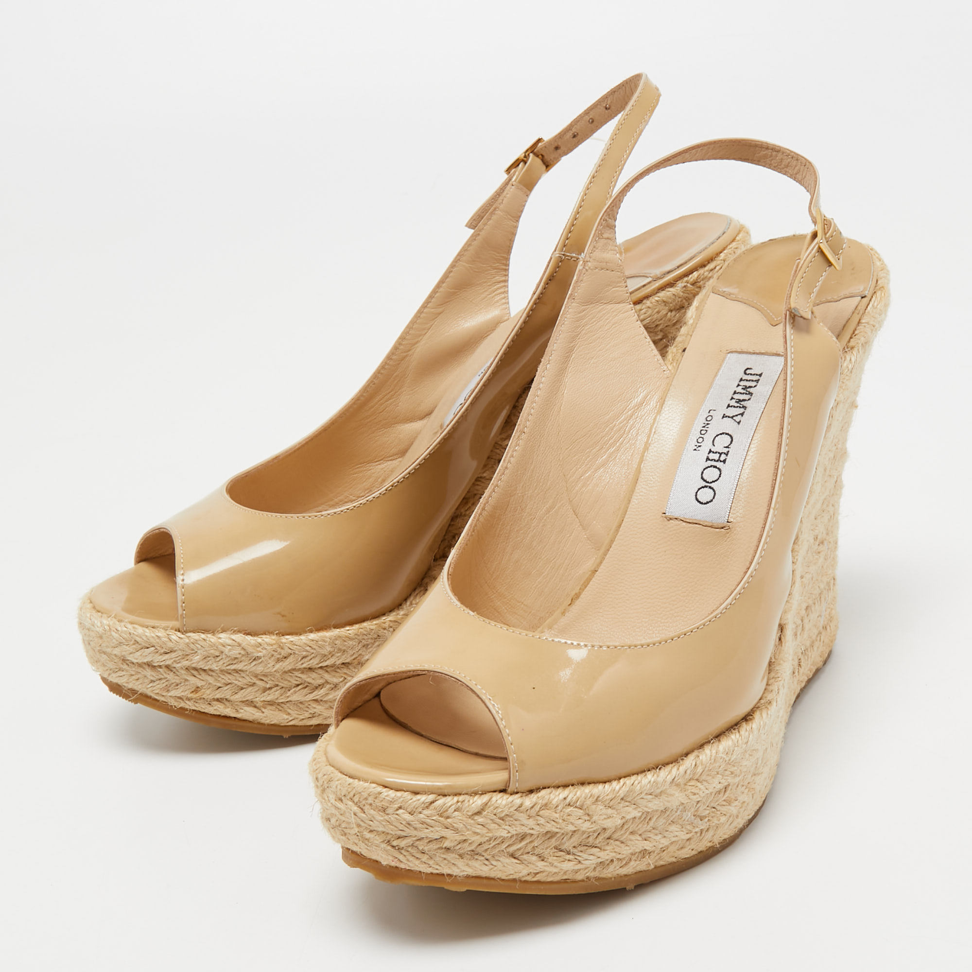 

Jimmy Choo Beige Patent Leather Espadrille Wedge Sandals Size