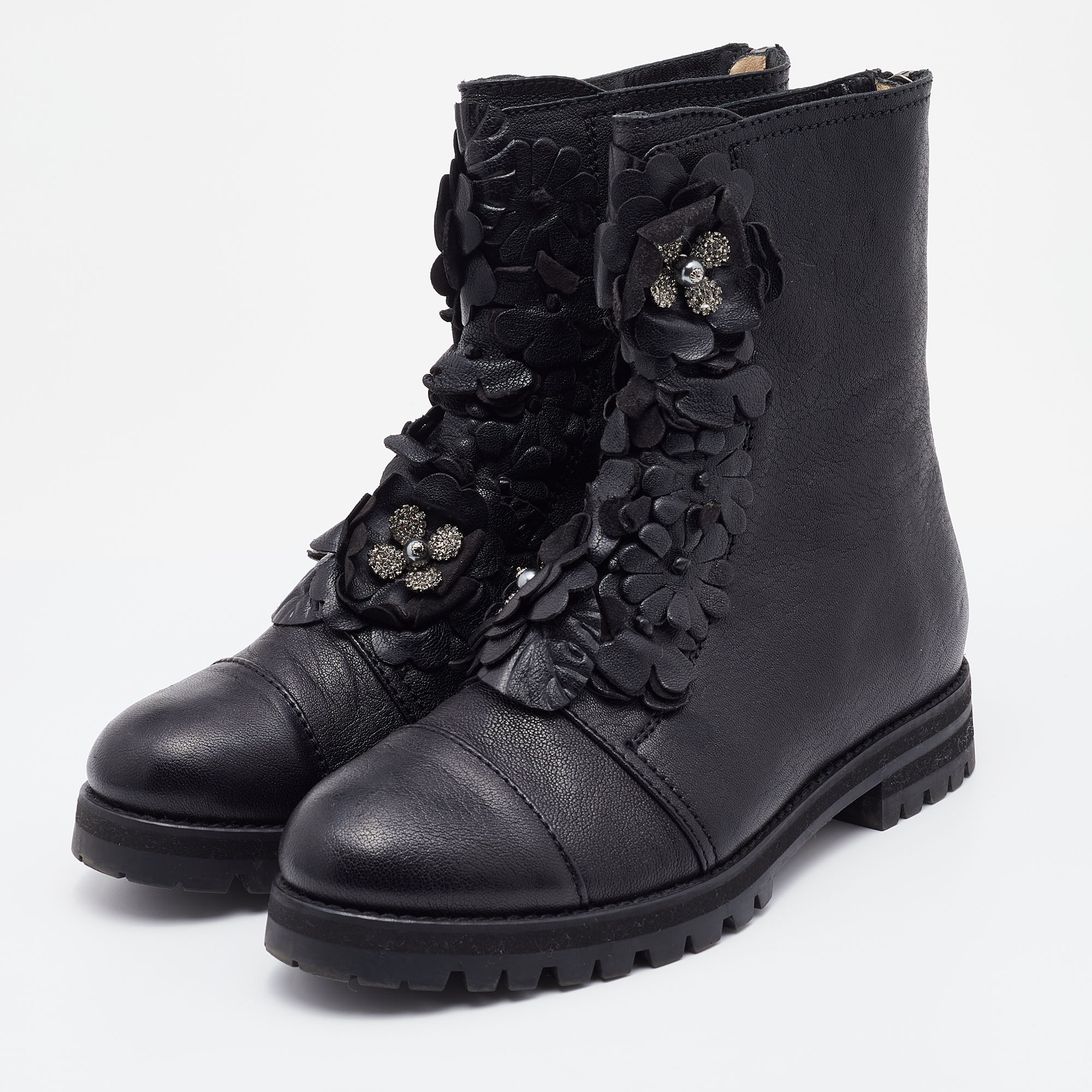 

Jimmy Choo Black Leather Embellished Ankle Length Boots Size