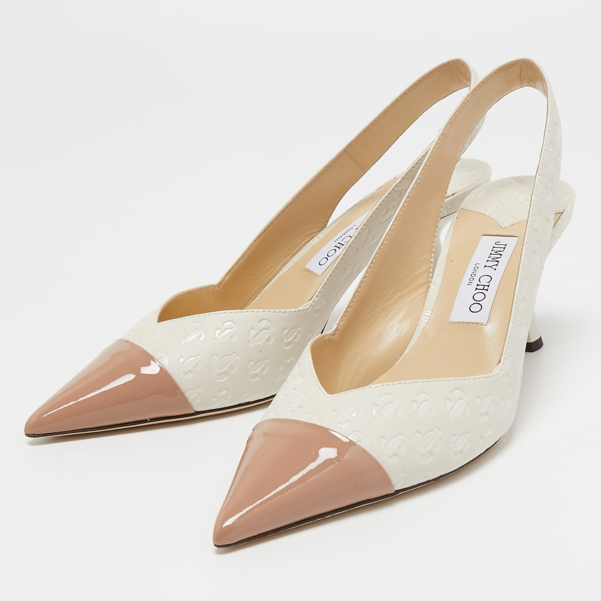 

Jimmy Choo White/Beige Canvas and Patent Leather Slingback Pumps Size, Cream