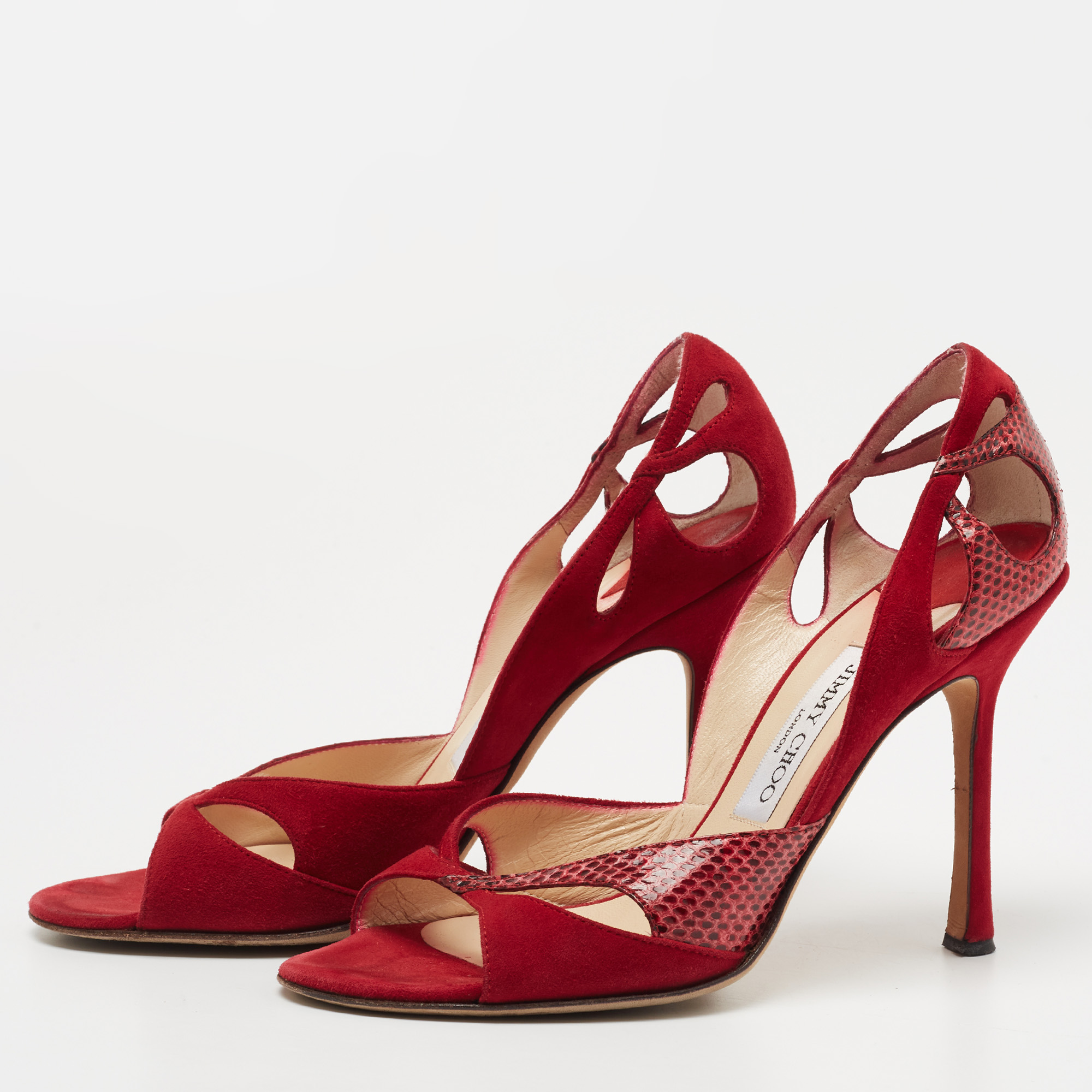 

Jimmy Choo Red Suede and Snakeskin Open Toe Pumps Size