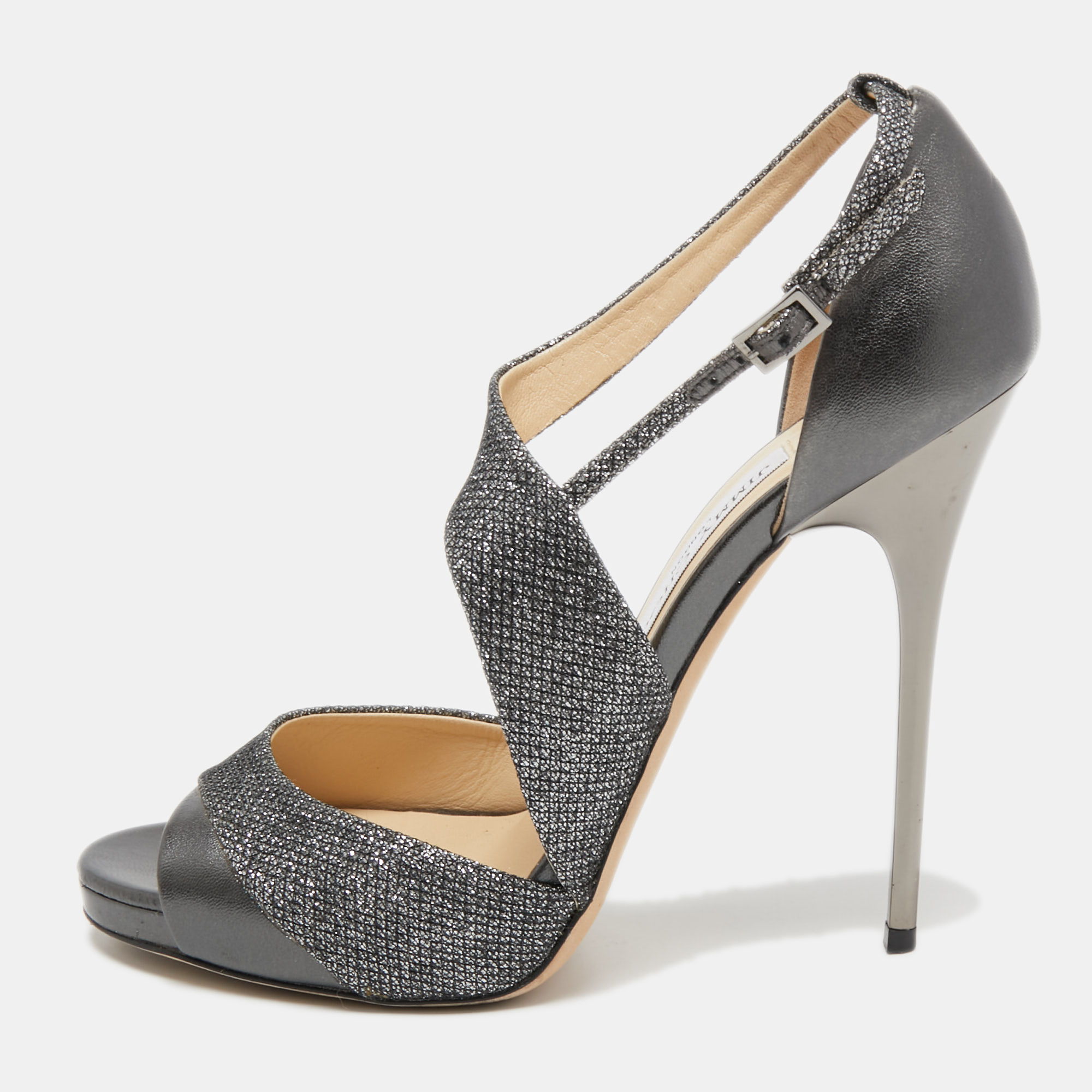 Pre-owned Jimmy Choo Metallic Grey Lurex Fabric And Leather Ankle Strap Sandals Size 39.5