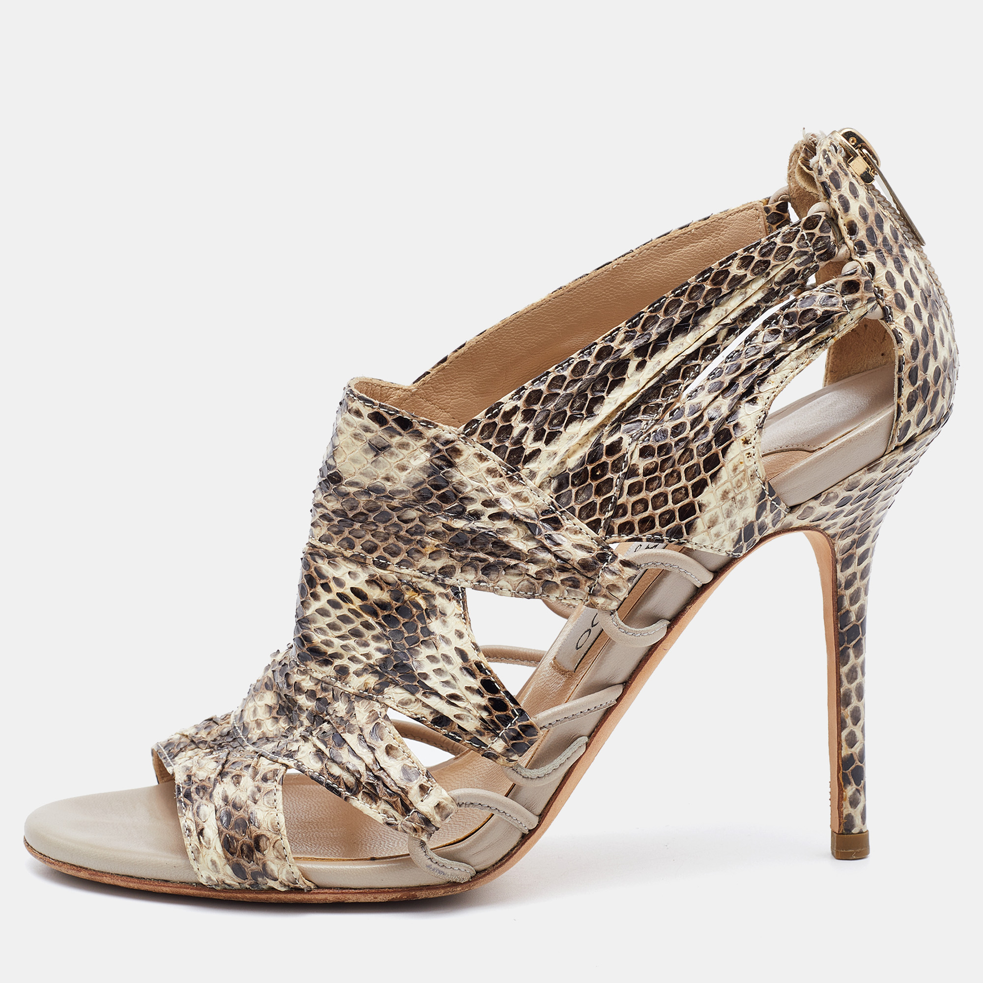 Pre-owned Jimmy Choo Beige/brown Python Leather Open Toe Pumps Size 38