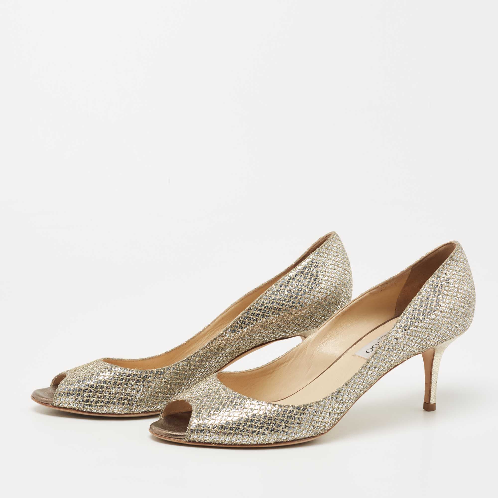 

Jimmy Choo Gold/Silver Glitter Isabel Peep Toe Pumps Size