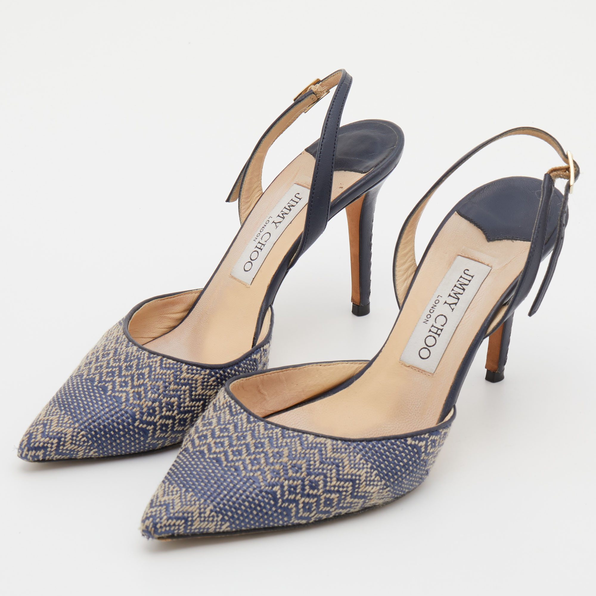 

Jimmy Choo Navy Blue Woven Fabric and Leather Slingback Sandals Size
