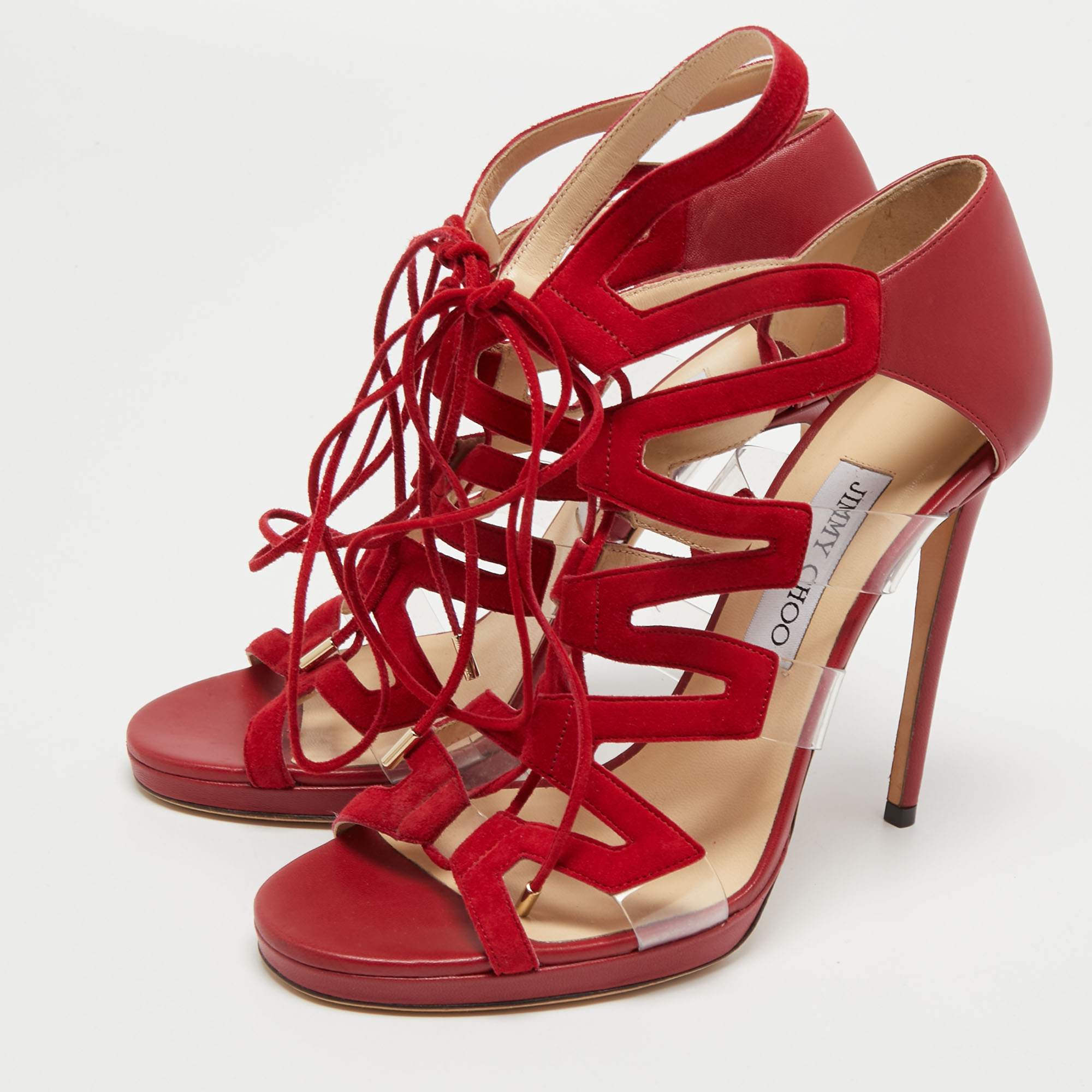 

Jimmy Choo Red Leather and Suede Strappy Sandals Size