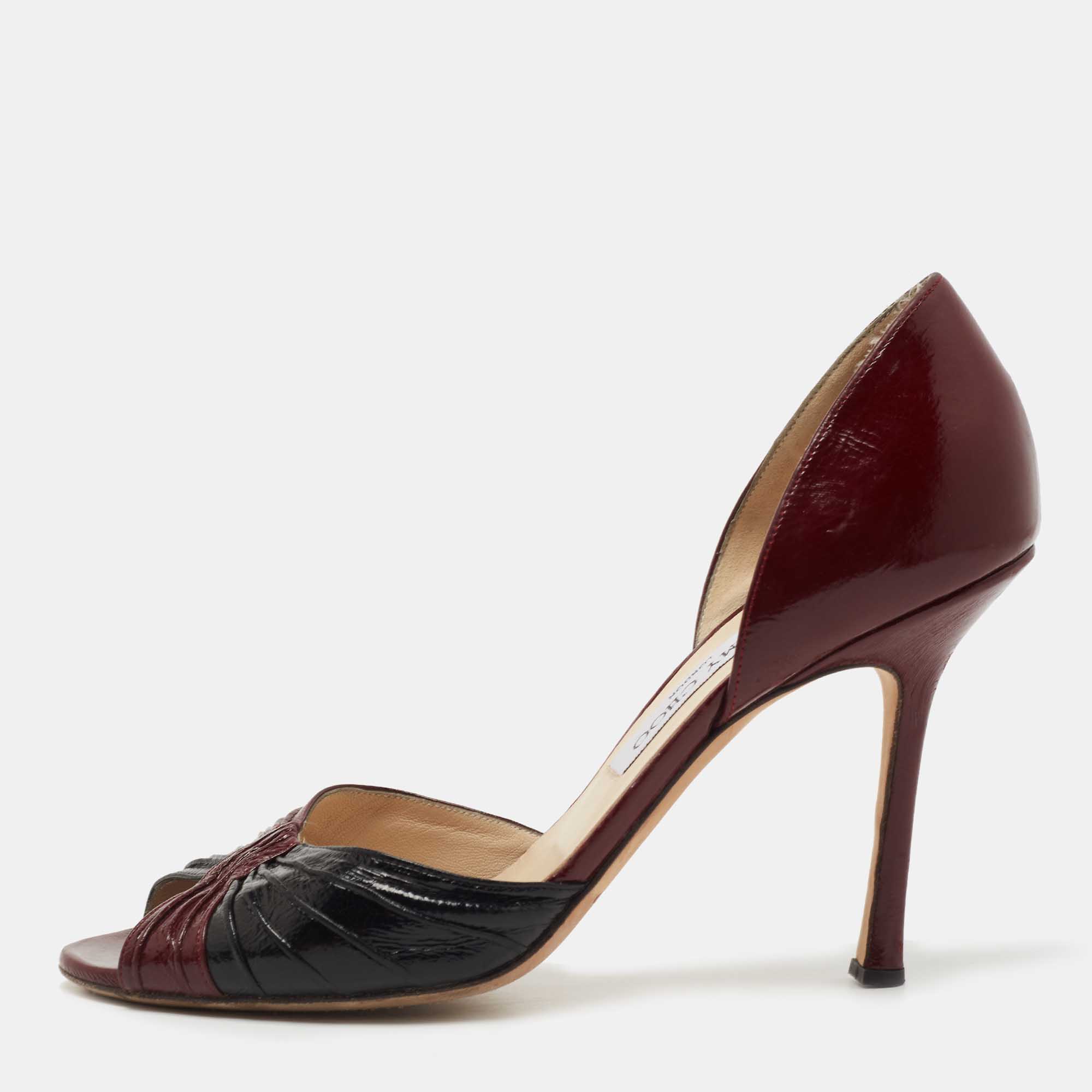 Pre-owned Jimmy Choo Burgundy/black Eel Leather Open Toe D'osary Pumps Size 39.5