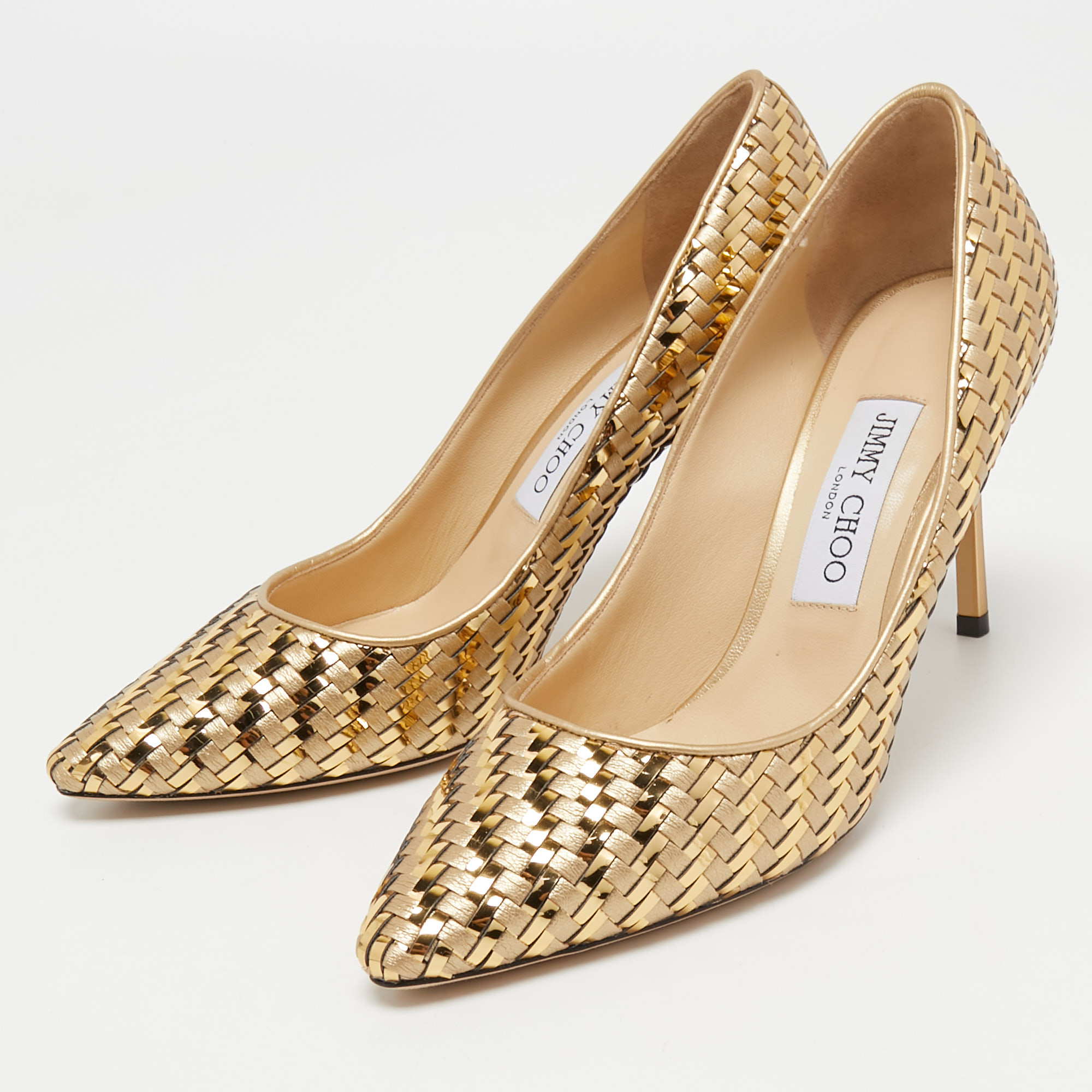 

Jimmy Choo Gold Woven Leather Pointed Toe Pumps Size