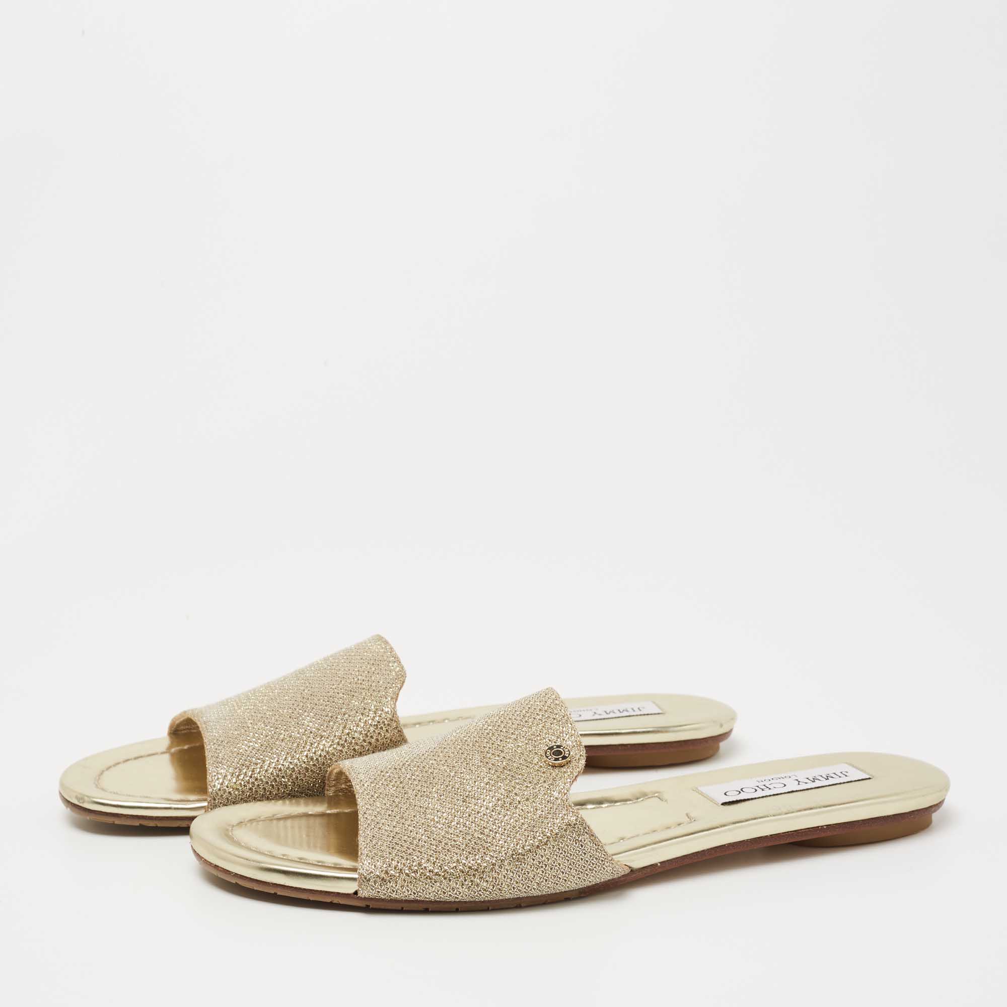 

Jimmy Choo Gold Lame Fabric Slide Flats Size