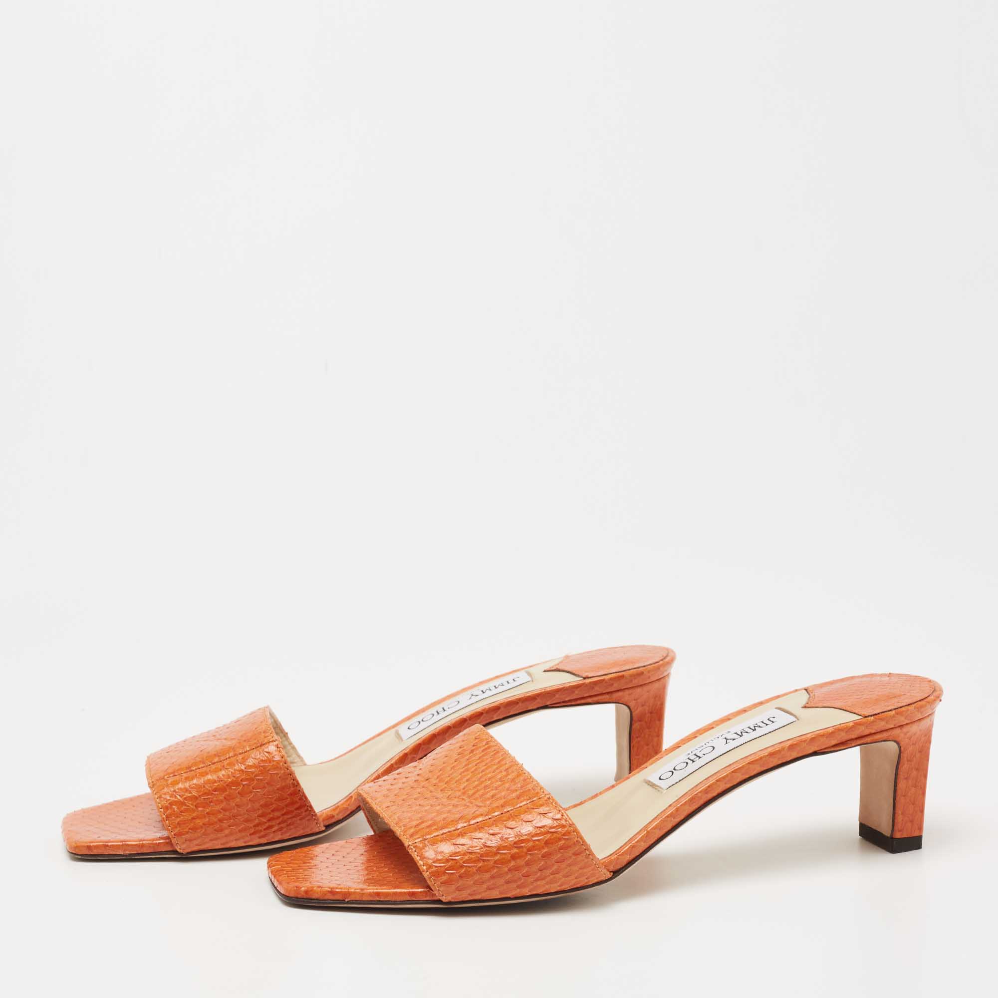 

Jimmy Choo Orange Snakeskin K-Slide Sandals Size