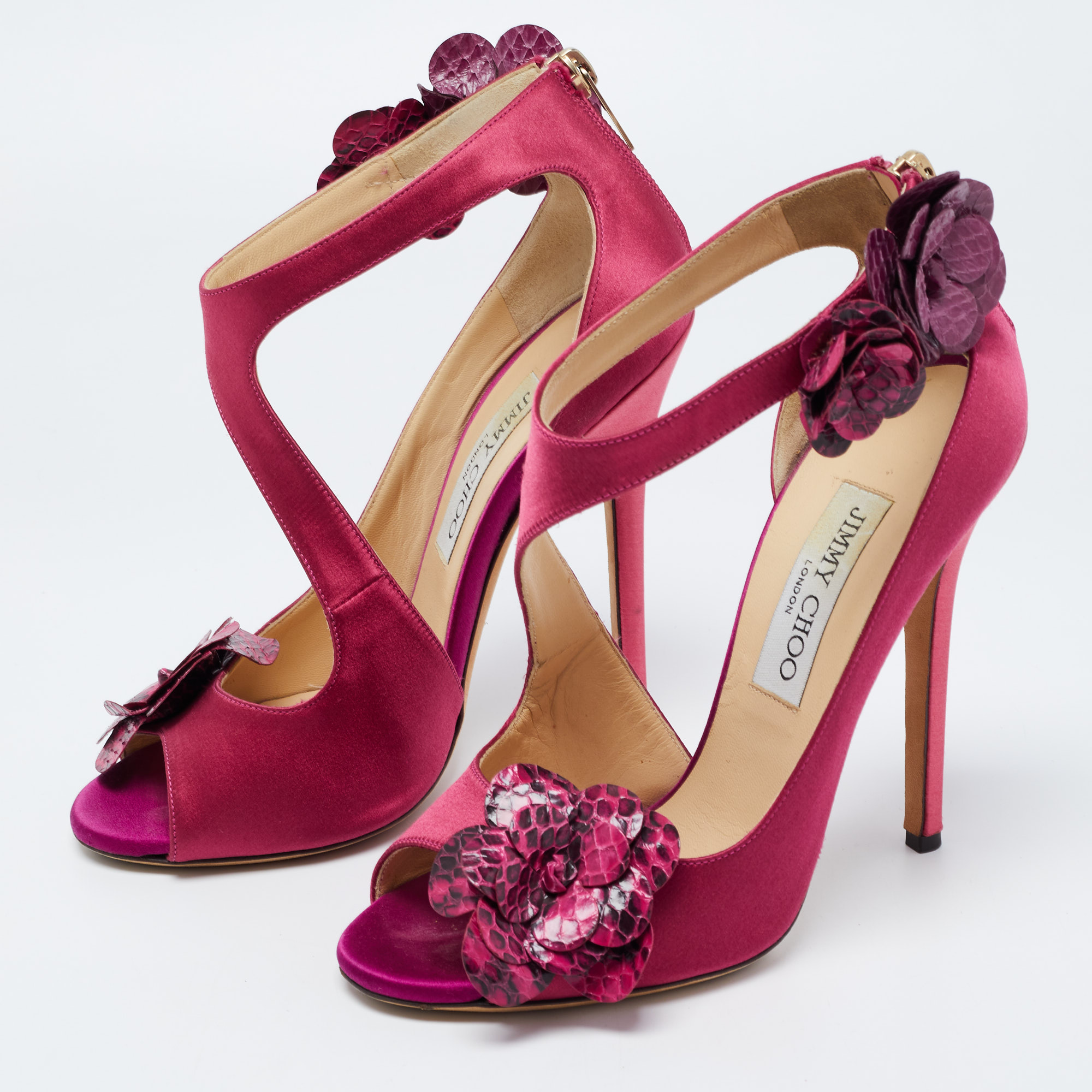 

Jimmy Choo Pink Satin and Python Vera Sandals Size