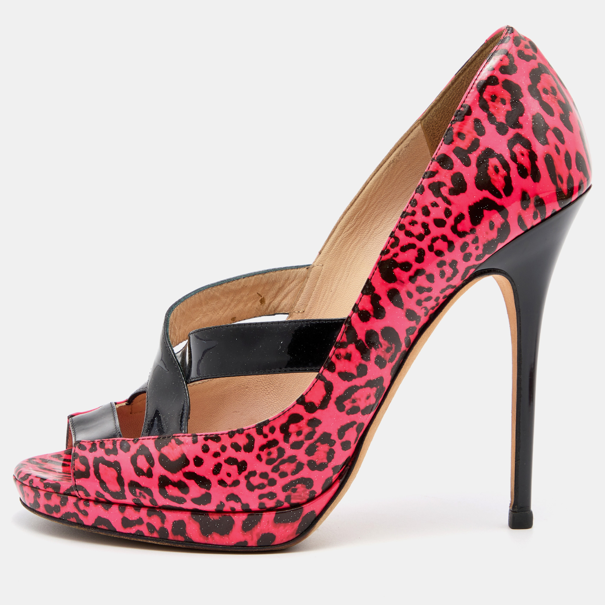 Pre-owned Jimmy Choo Pink Leopard Print Patent Leather Open Toe Pumps Size 39