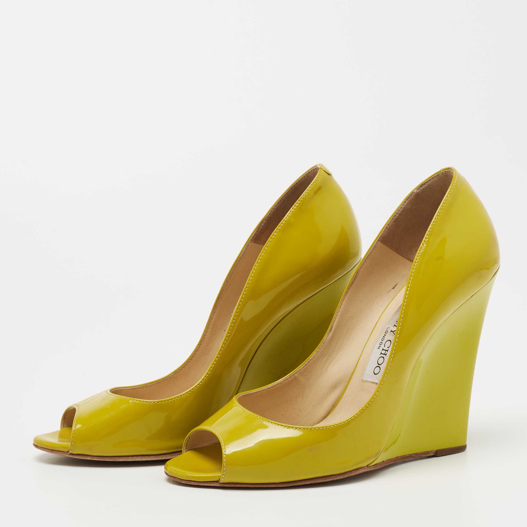 

Jimmy Choo Yellow Patent Leather Bello Peep Toe Wedge Pumps Size, Green