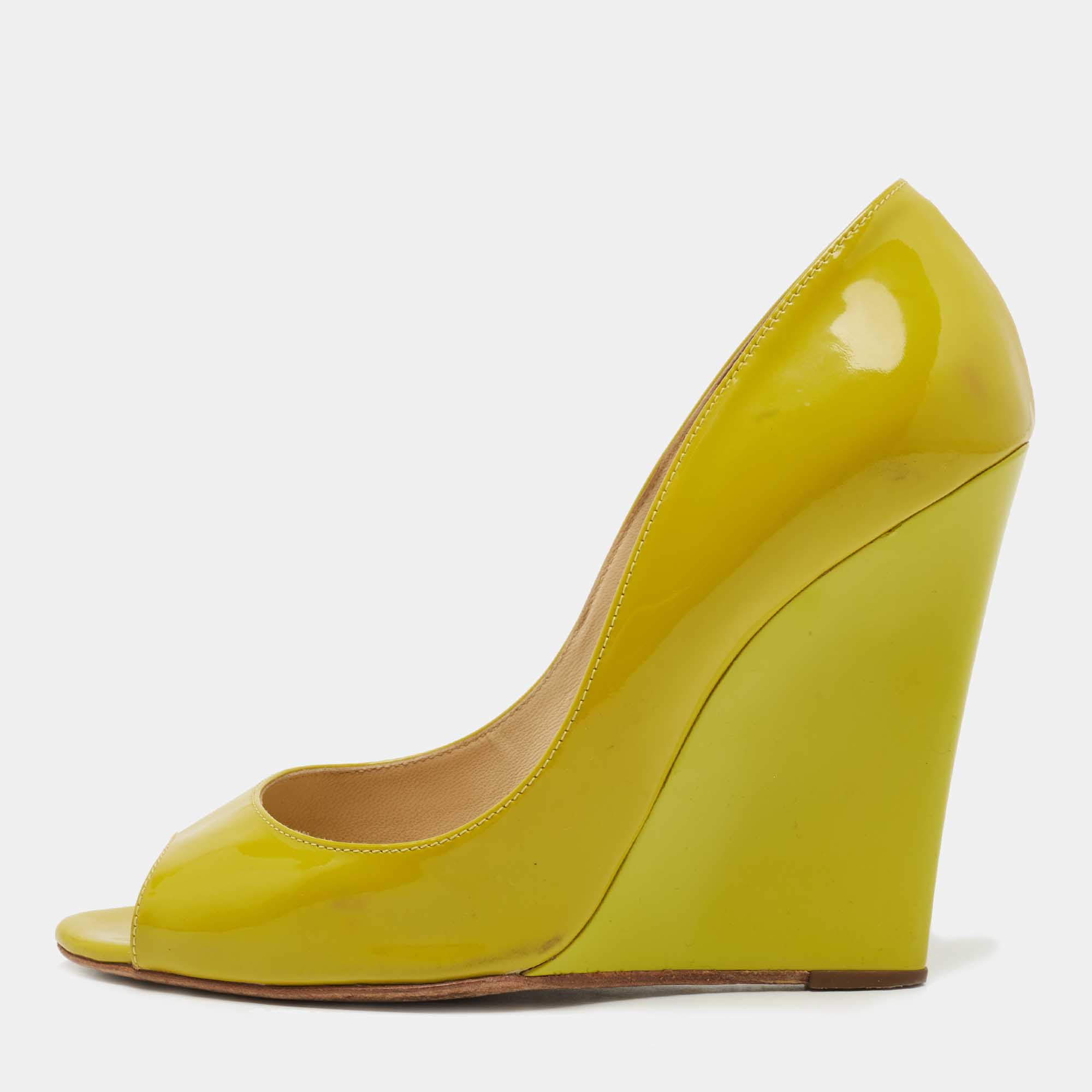 

Jimmy Choo Yellow Patent Leather Bello Peep Toe Wedge Pumps Size, Green