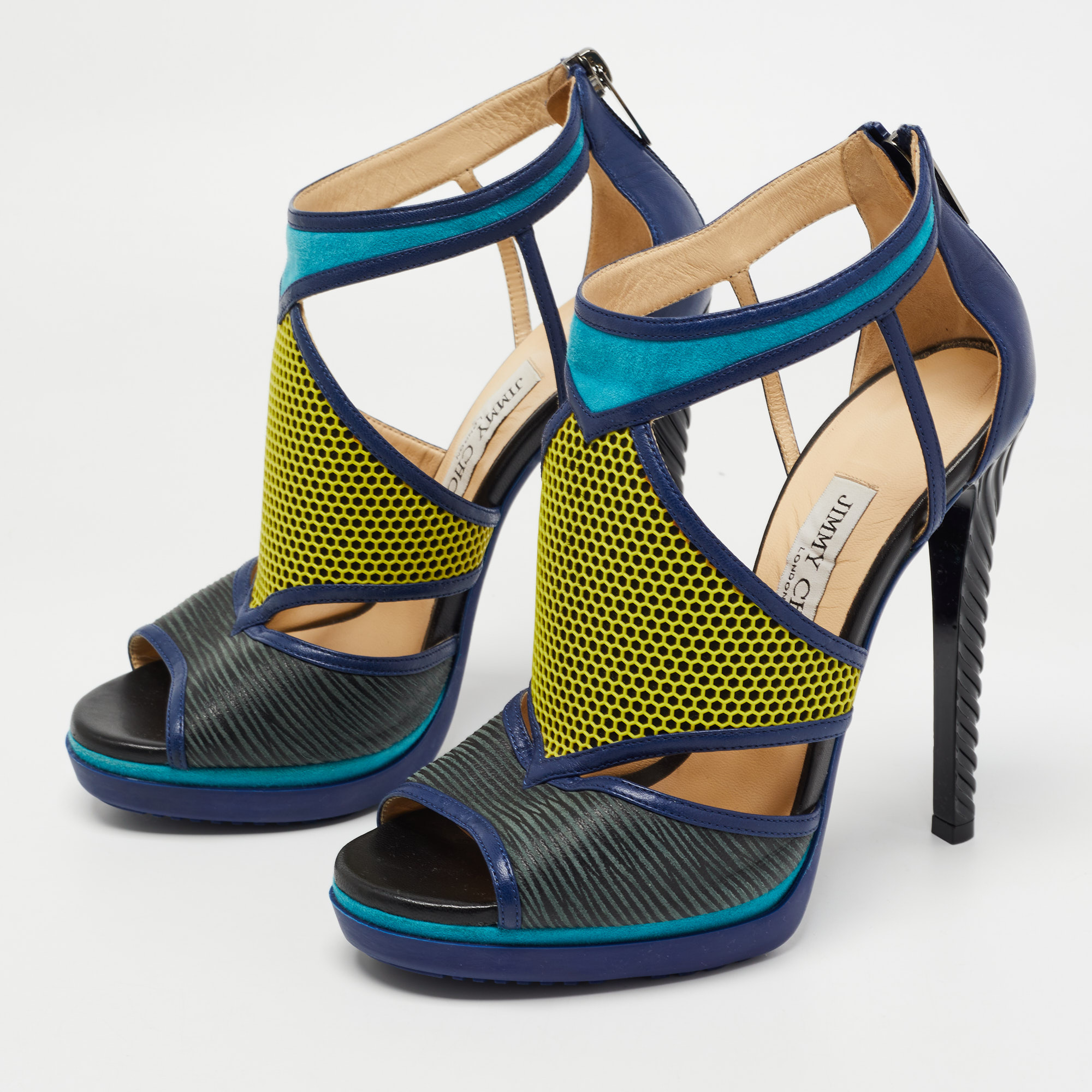 

Jimmy Choo Tricolor Leather and Suede Honeycomb Lythe Platform Sandals Size, Blue