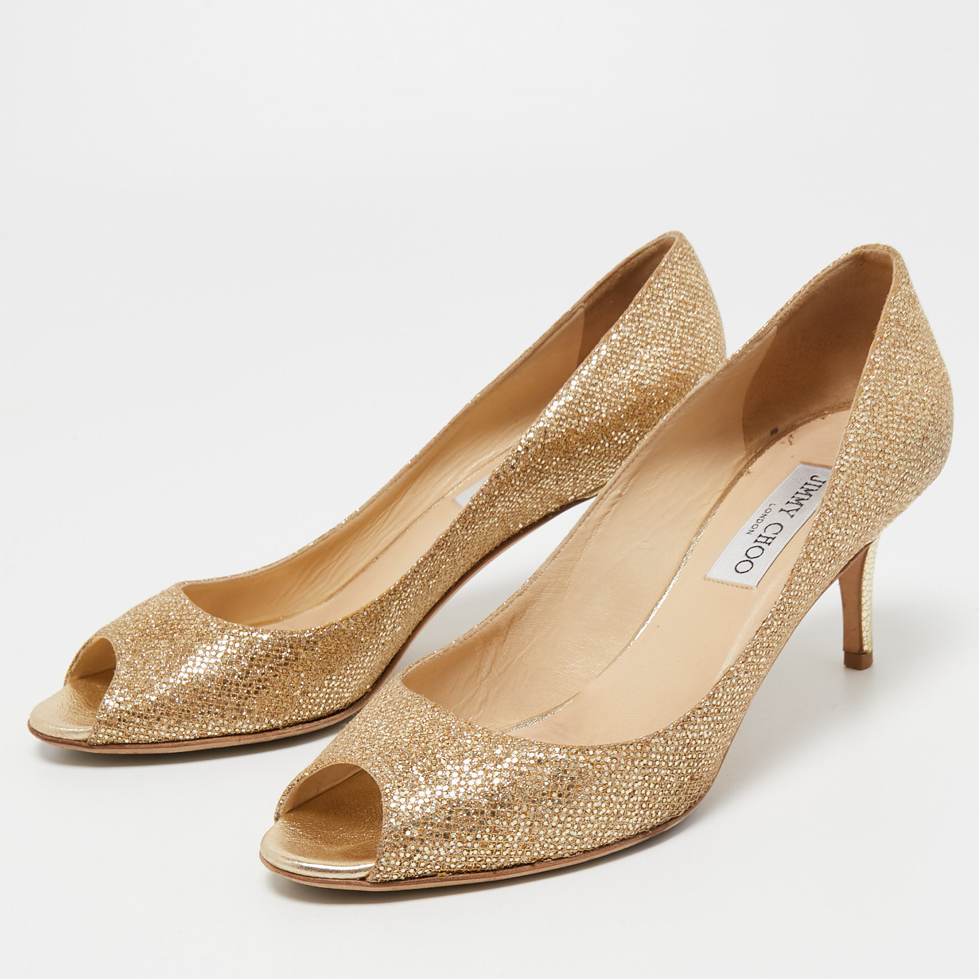 

Jimmy Choo Metallic Gold Glitters Evelyn Open Toe Pumps Size