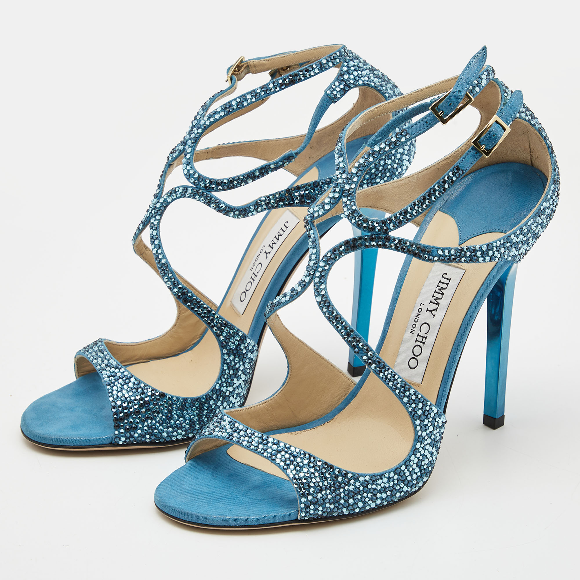 

Jimmy Choo Blue Shimmer Suede Lang Crystals Sandals Size