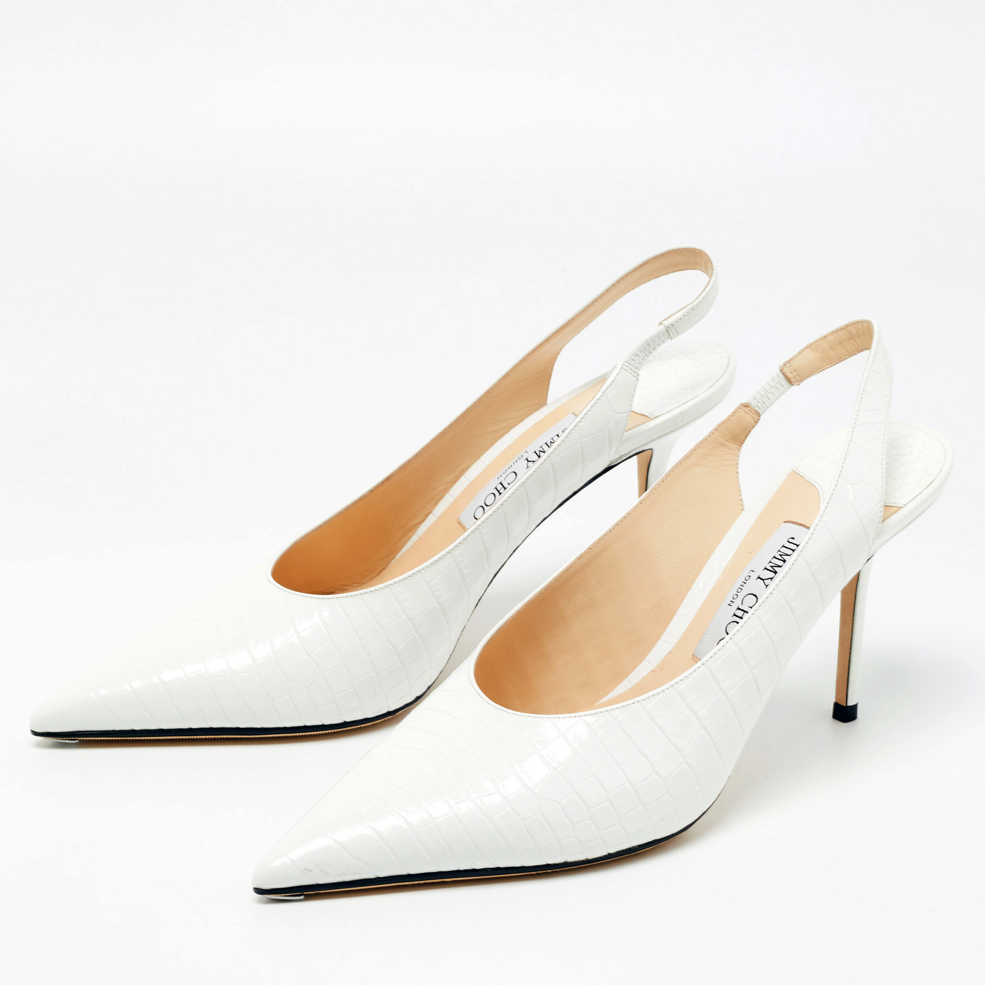 

Jimmy Choo White Croc Embossed Leather Ivy Slingback Pumps Size