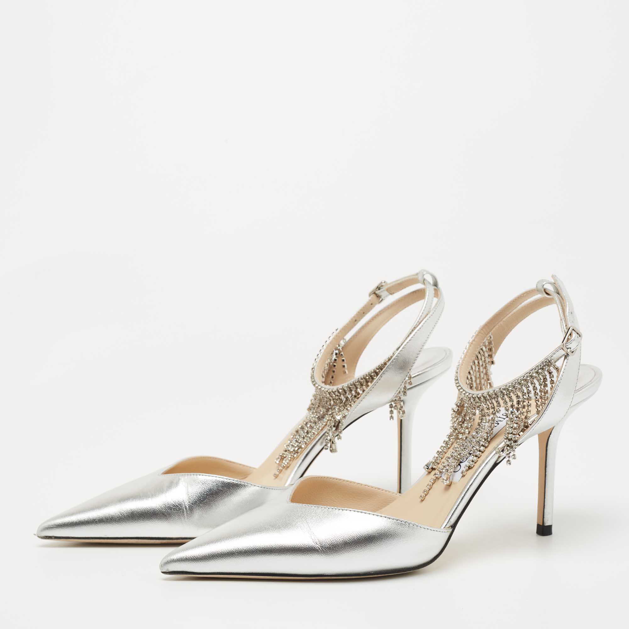 

Jimmy Choo Silver Leather Birtie Pumps Size