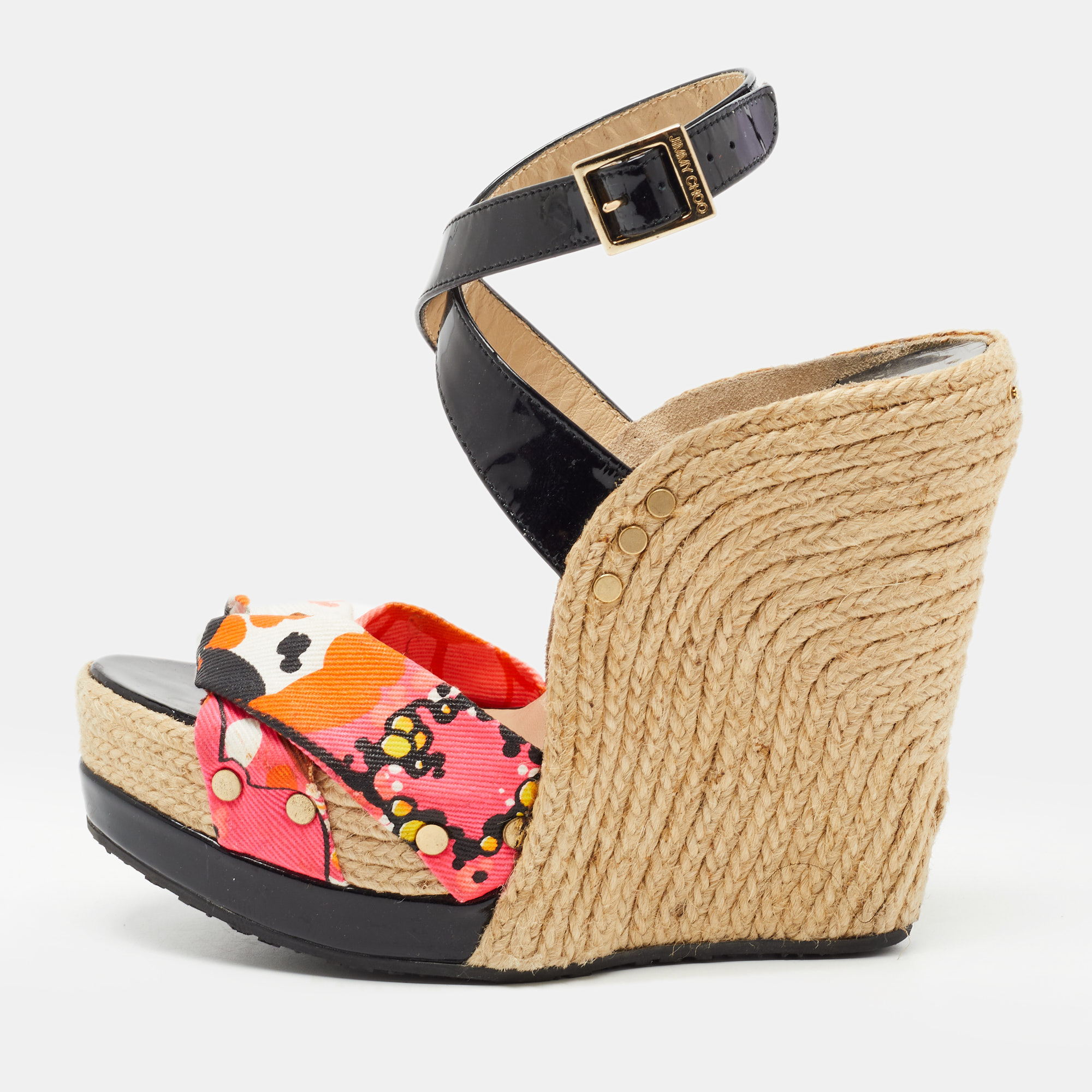 Pre-owned Jimmy Choo Multicolor Canvas And Patent Leather Wedge Espadrille Sandals Size 38 In Black