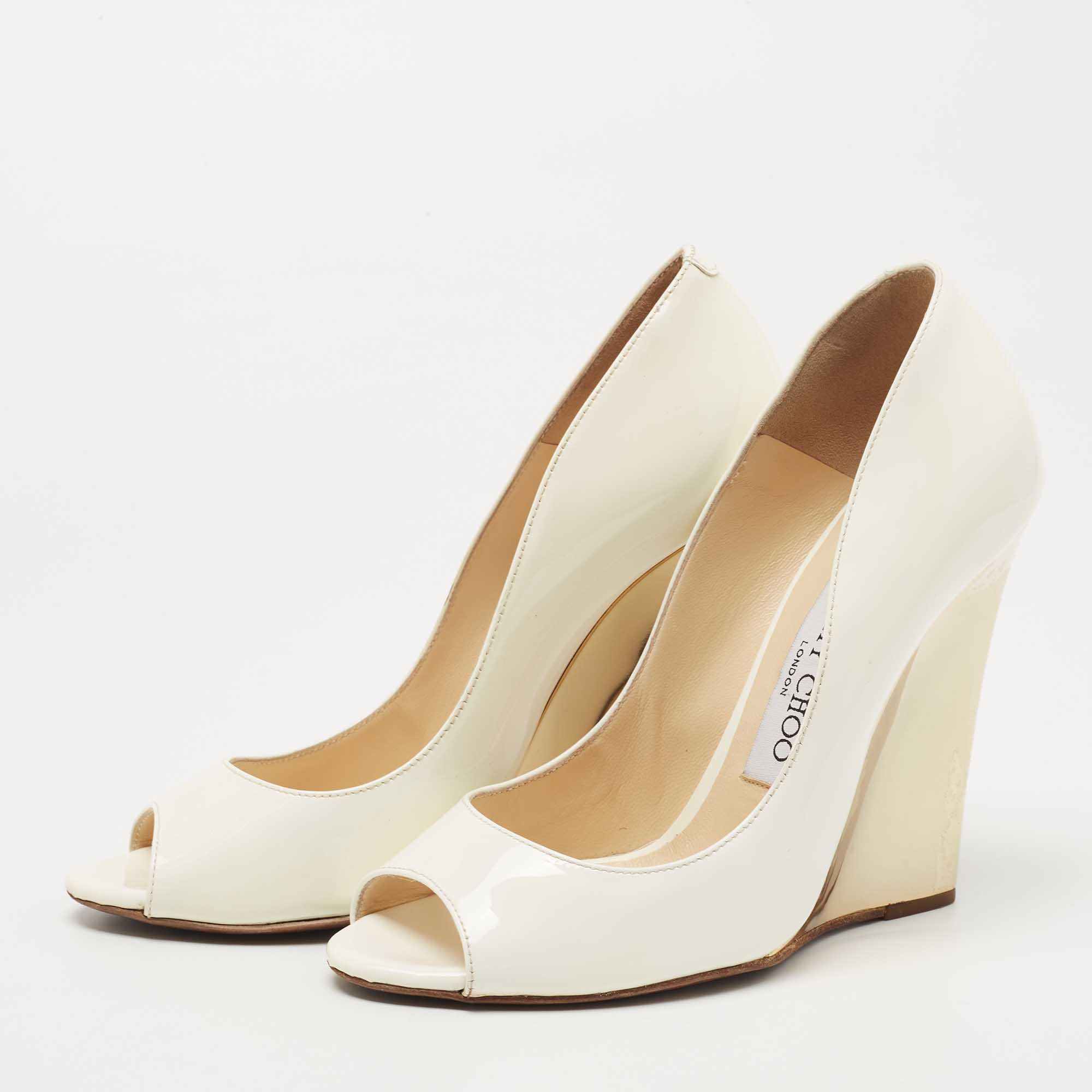 

Jimmy Choo White Patent Leather Baxen Peep Toe Pumps Size