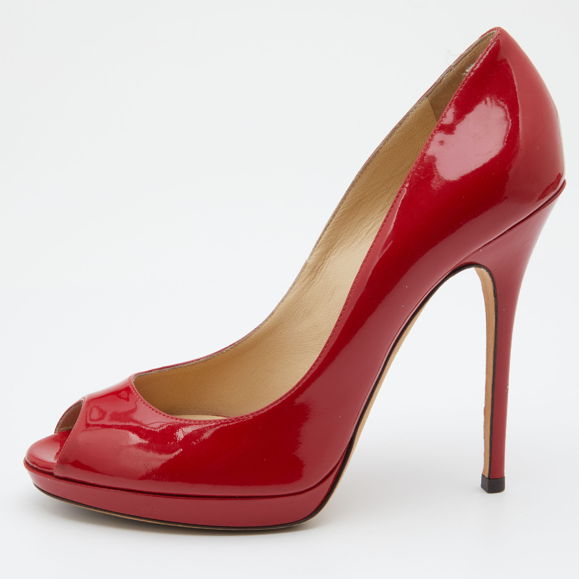 Pre-owned Jimmy Choo Red Patent Leather Crown Peep Toe Pumps Size 38