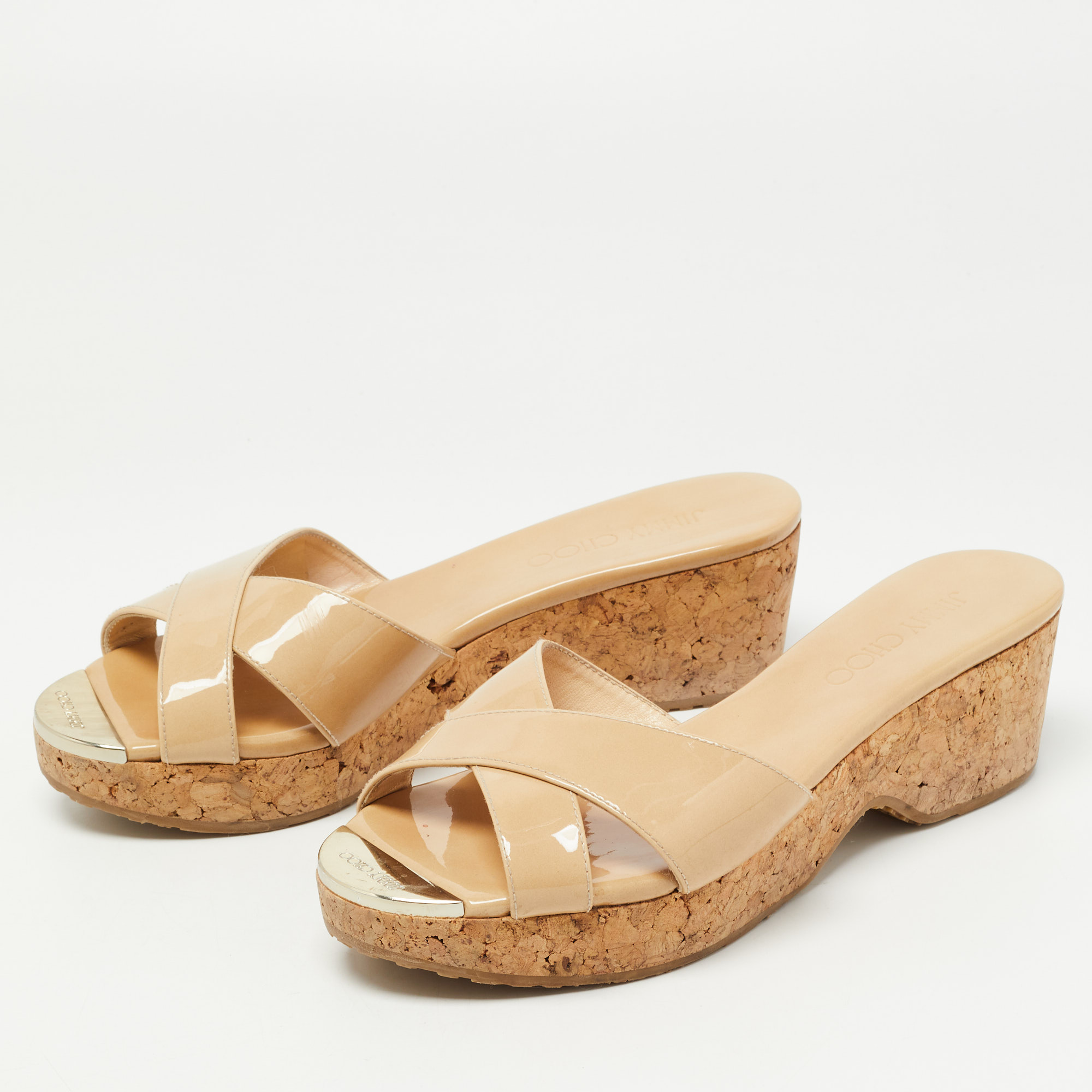 

Jimmy Choo Beige Patent Leather Prima Slide Sandals Size