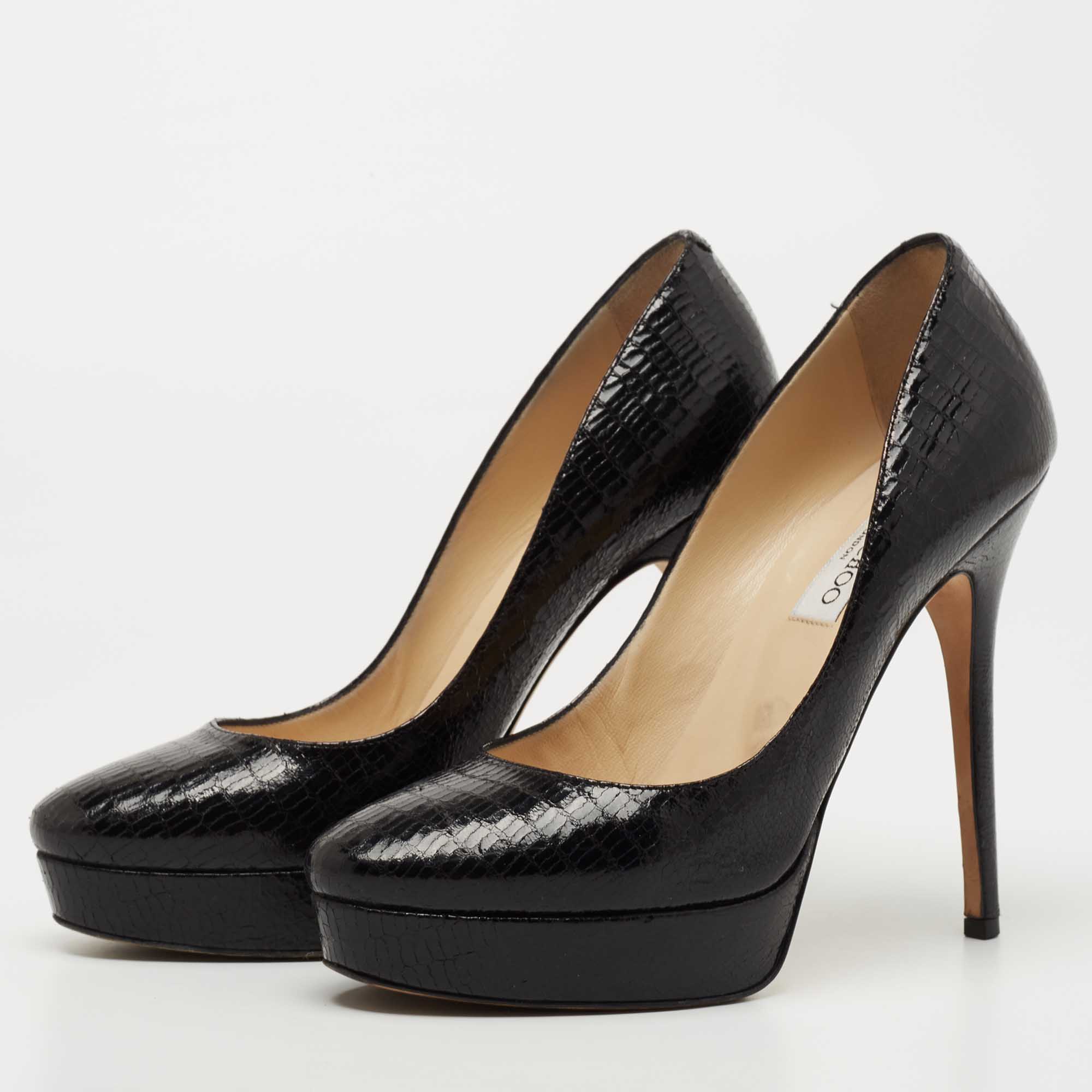 

Jimmy Choo Black Lizard Embossed Leather Platform Pumps Size