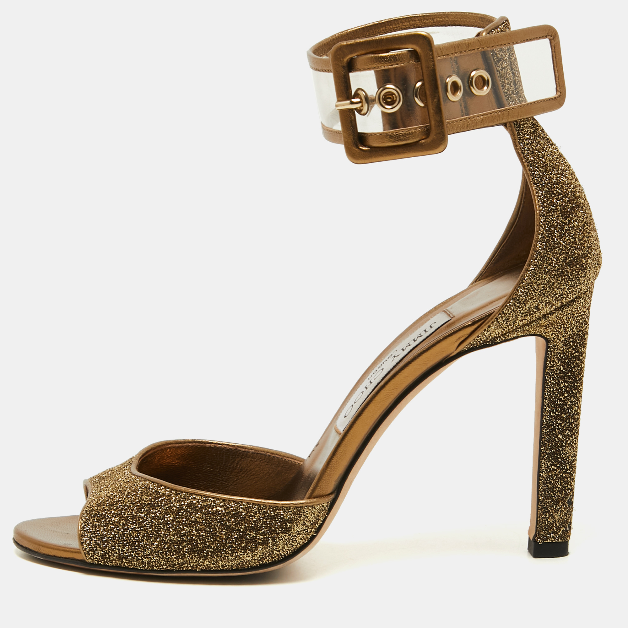 

Jimmy Choo Metallic Lurex Fabric and PVC Moscow Ankle Strap Sandals Size
