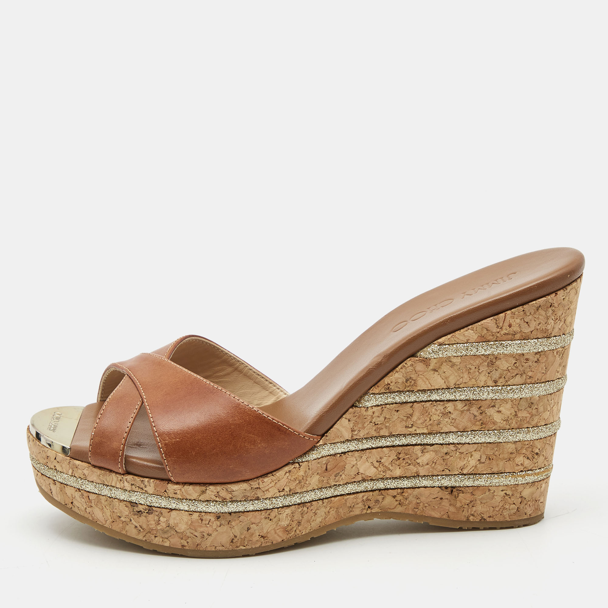 مملوكة مسبقًا Jimmy Choo Brown Leather Prima Wedge Sandals Size 38
