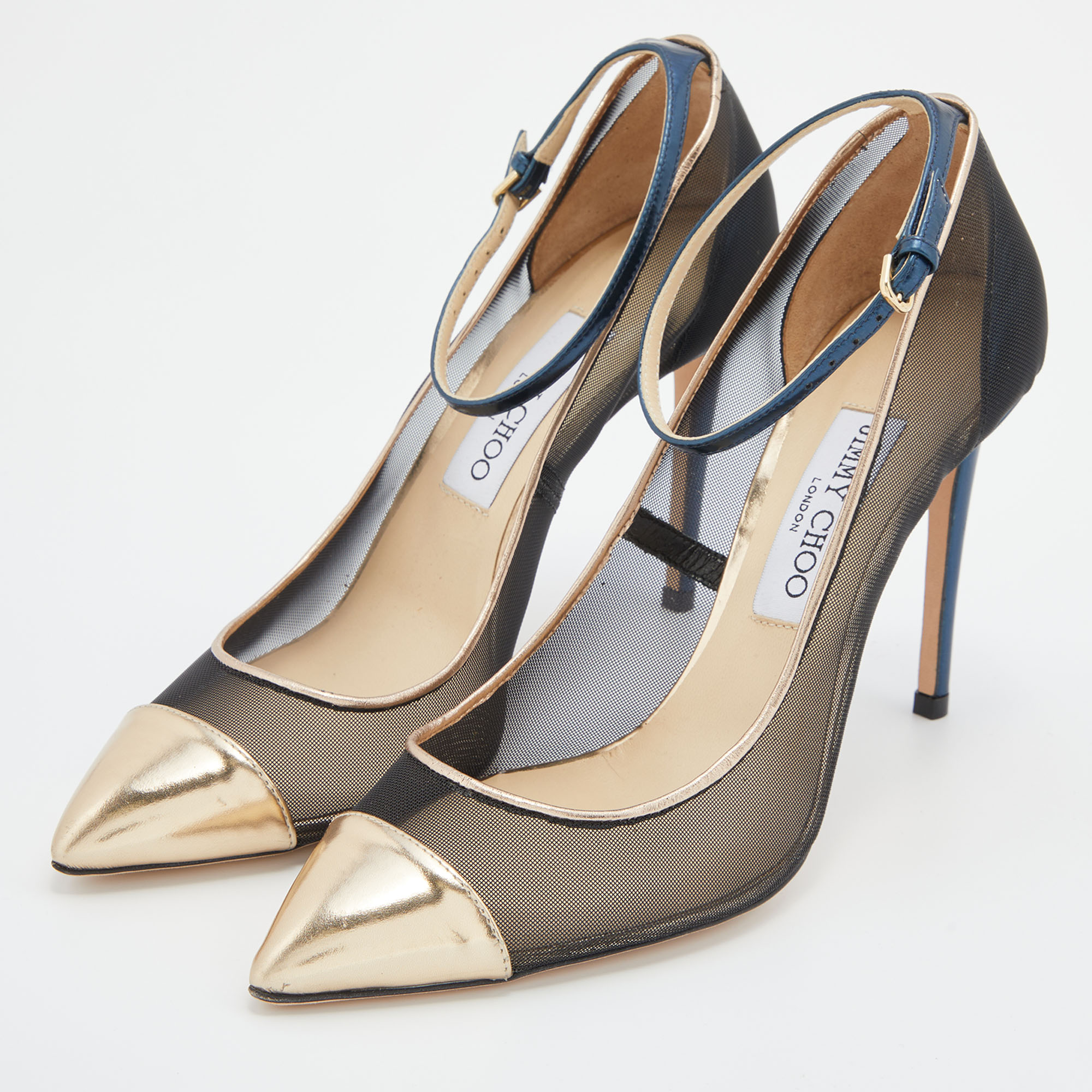 

Jimmy Choo Black/Gold Mesh and Leather Tower Ankle Strap Pumps Size