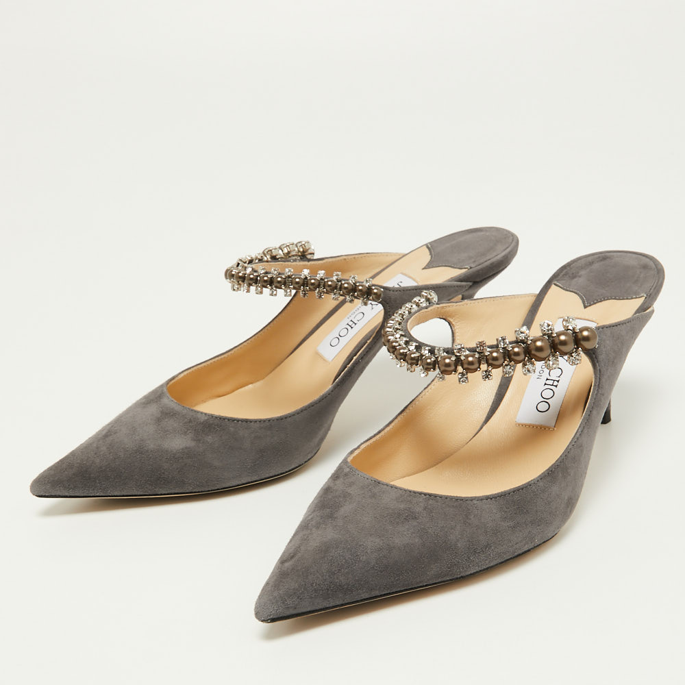 

Jimmy Choo Grey Suede Bing Crystal Embellished Pointed Toe Mules Size