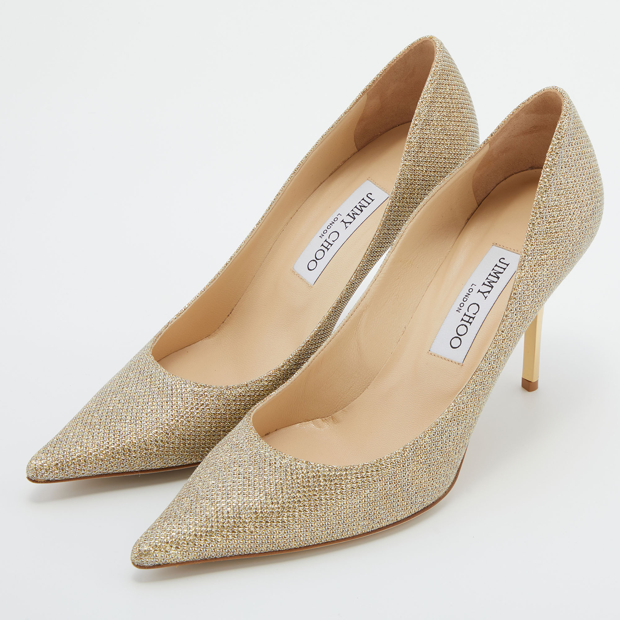 

Jimmy Choo Metallic Gold Glitter Leather Romy Pointed Toe Pumps Size