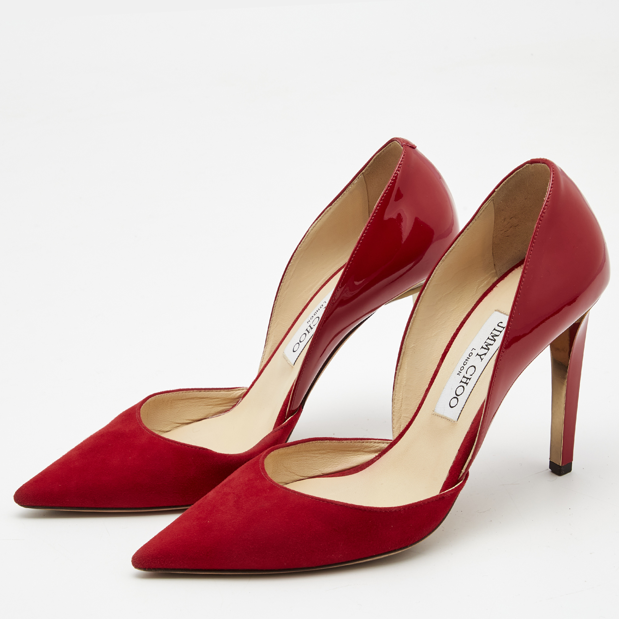 

Jimmy Choo Red Suede and Patent Leather Darylin Pumps Size