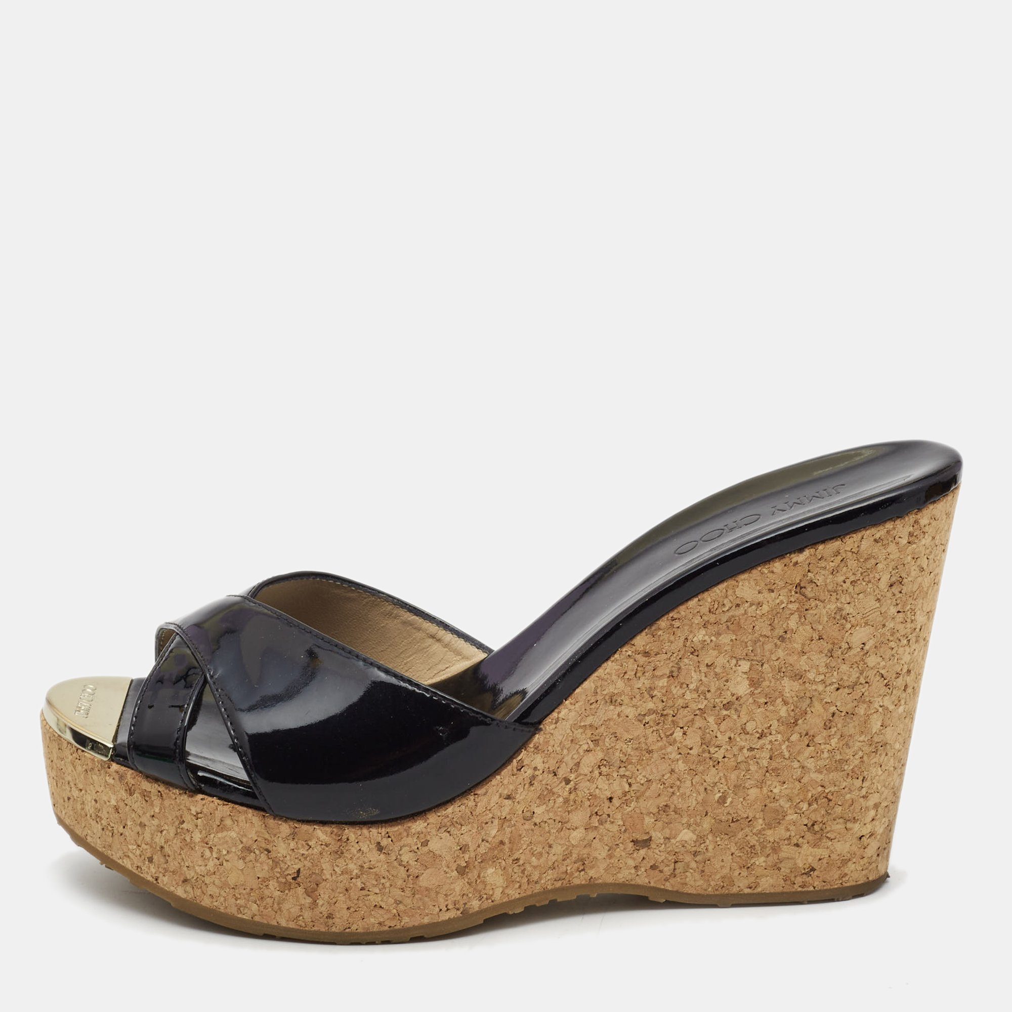 Pre-owned Jimmy Choo Black Patent Leather Prima Cork Wedge Sandals Size 39